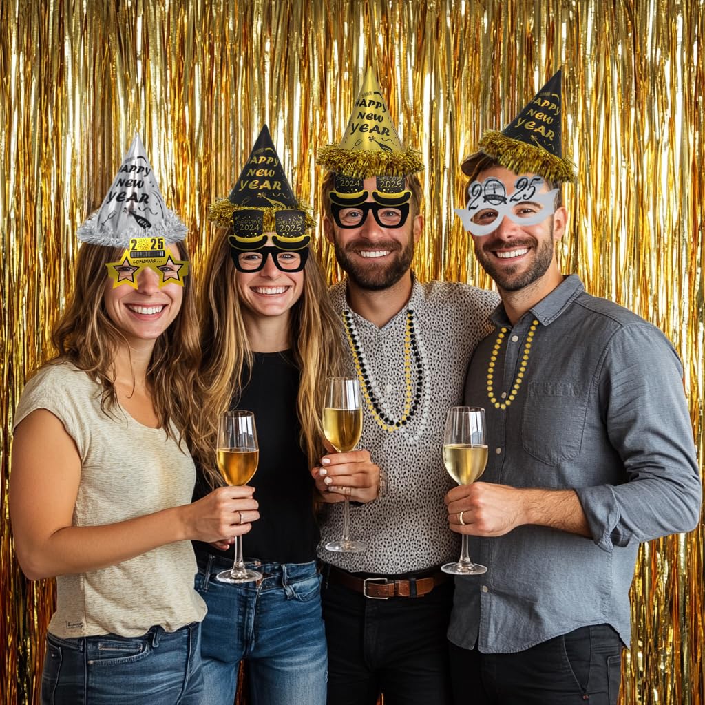 2025 New Year's Eve Party Supplies Kit for 100 Guests - 50 Hats, 50 Glasses, 50 LED Necklaces, 50 Noise Makers, 50 Blowouts & Happy New Year Banner - Perfect for Countdown Celebrations, Ball Drop Parties & NYE Gatherings