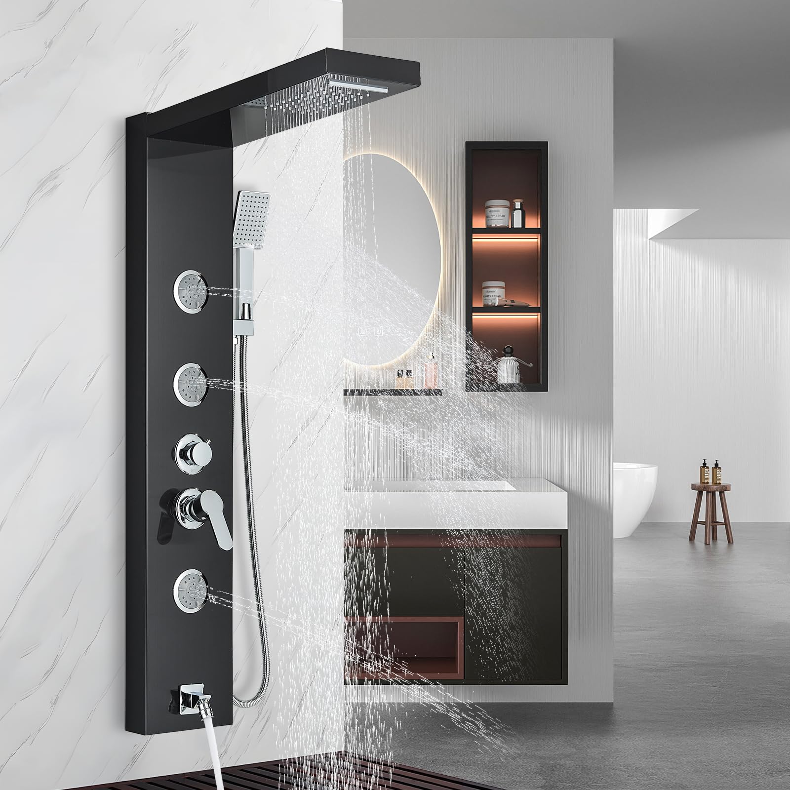 AlenArt Stainless Steel Shower Panel Tower System - Multi-Function Shower with Body Jets, Handheld Sprayer, Rainfall Shower Head & Tub Spout - Wall Mounted Black Shower Panel for Luxury Bathroom Upgrade
