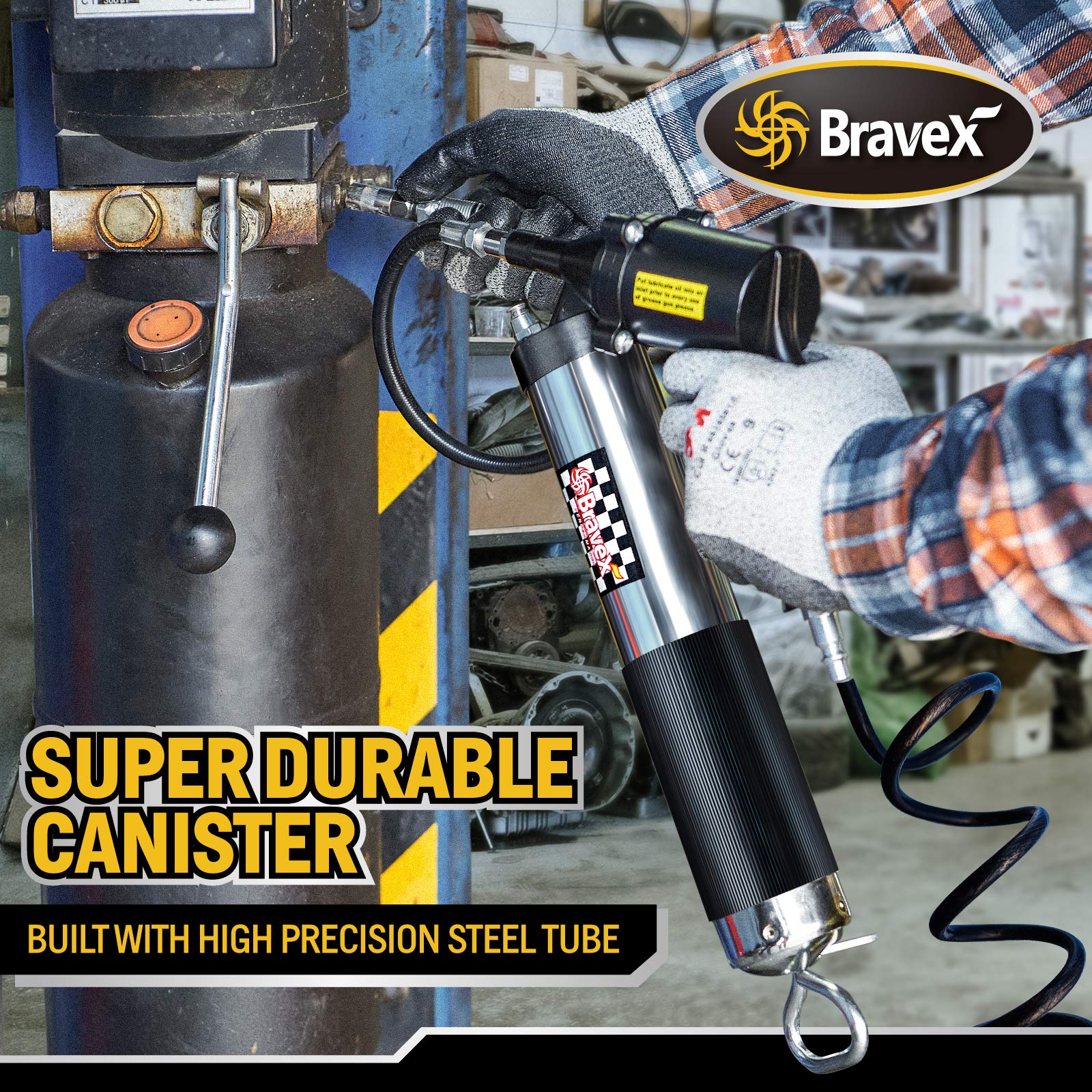 Professional Pneumatic Automatic Grease Gun 6000 PSI - Heavy Duty Continuous Cycle Air Compressor Grease Gun with 18 Inch Flex Hose - Ideal for Automotive, Industrial & Machinery Maintenance