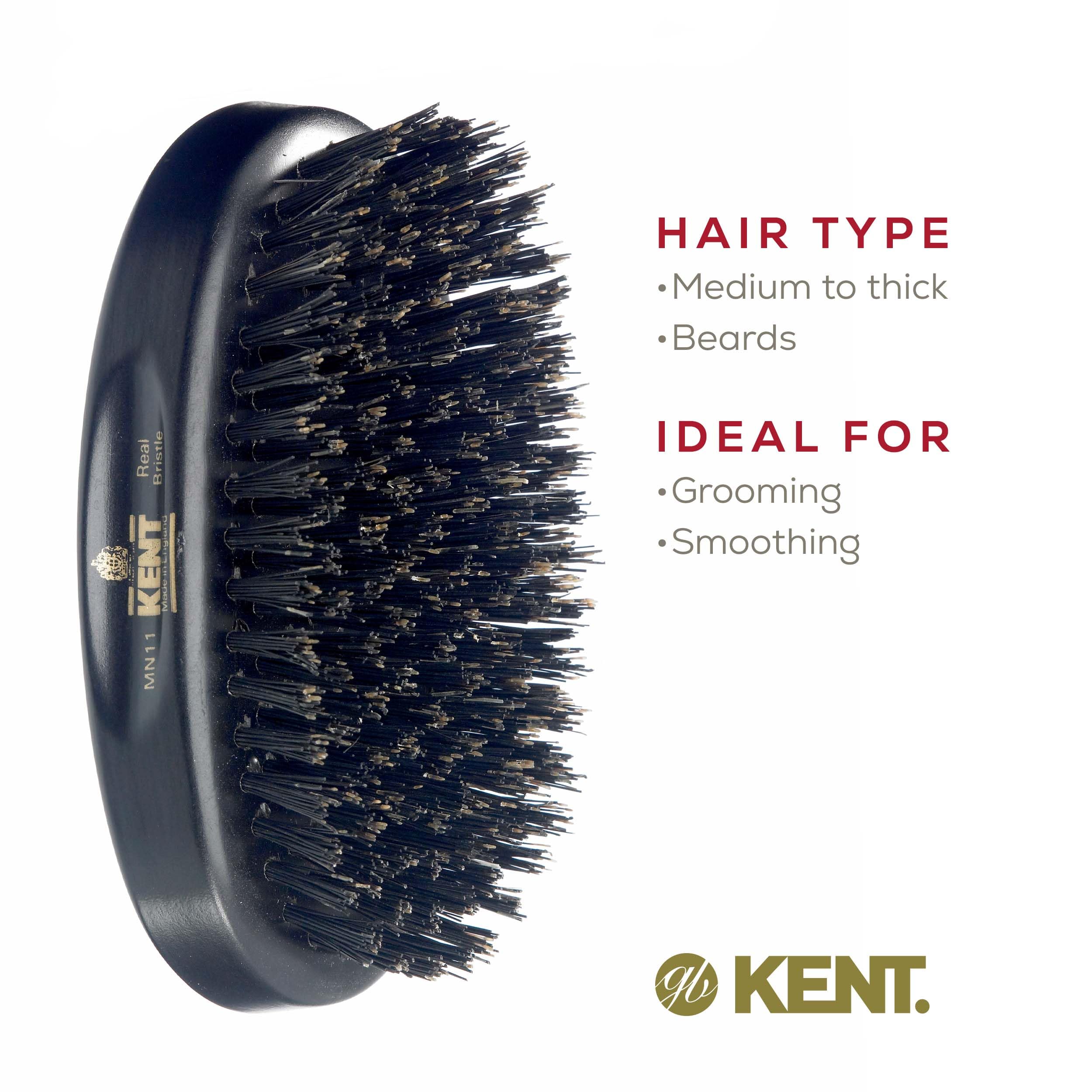 Kent MN11 Premium Men's Hair & Beard Brush - Natural Black Boar Bristle for Grooming, Scalp Massage & 360 Waves - Perfect for Daily Styling & Beard Care at Home or Travel