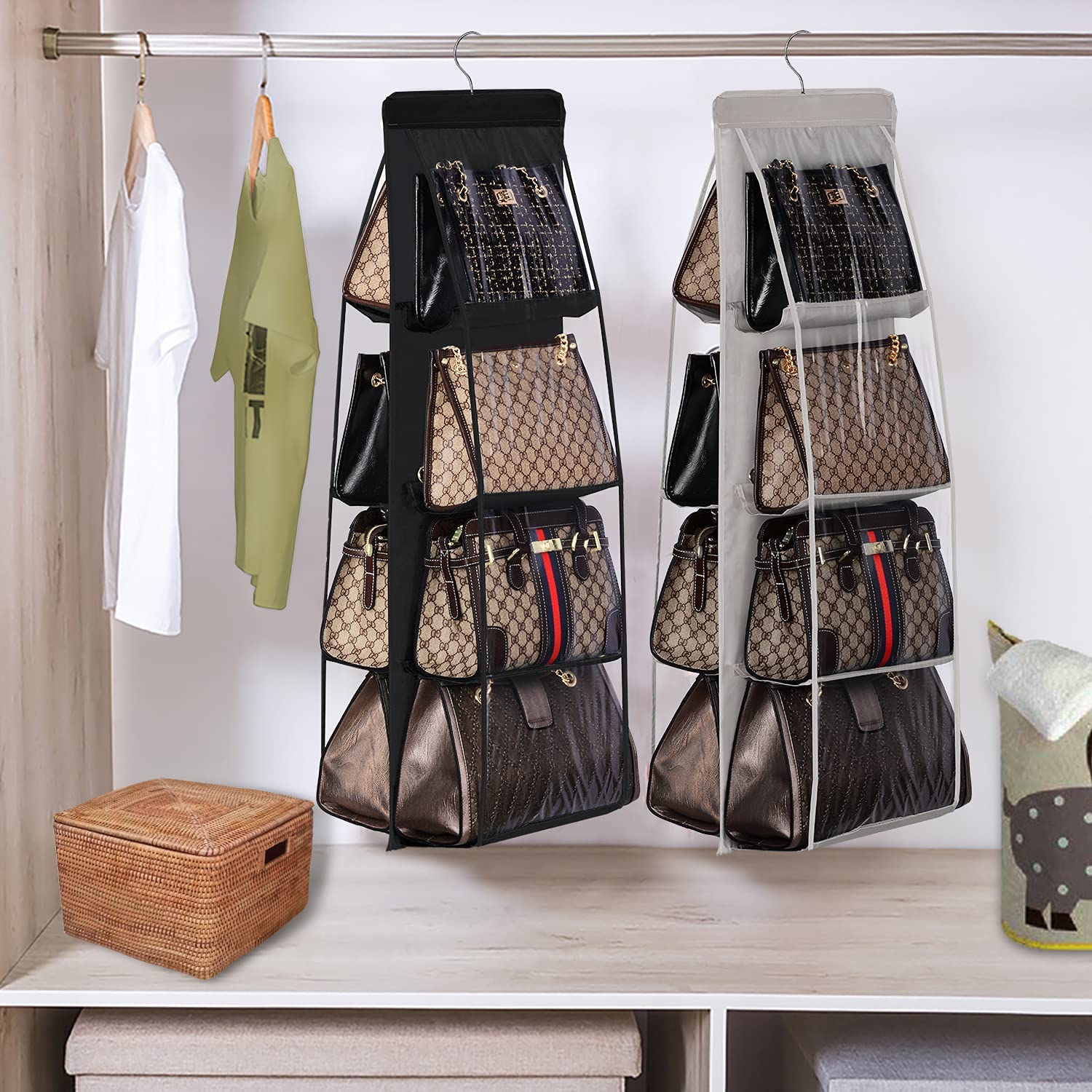 Lirex 8-Pocket Handbag Hanging Organizer for Closet - Foldable Purse Storage Hanger with Universal Fit - Durable Oxford Cloth for Bedroom & Family Closet Organization (Dark Grey) | Perfect for Small Space Storage & Travel Accessory Organization