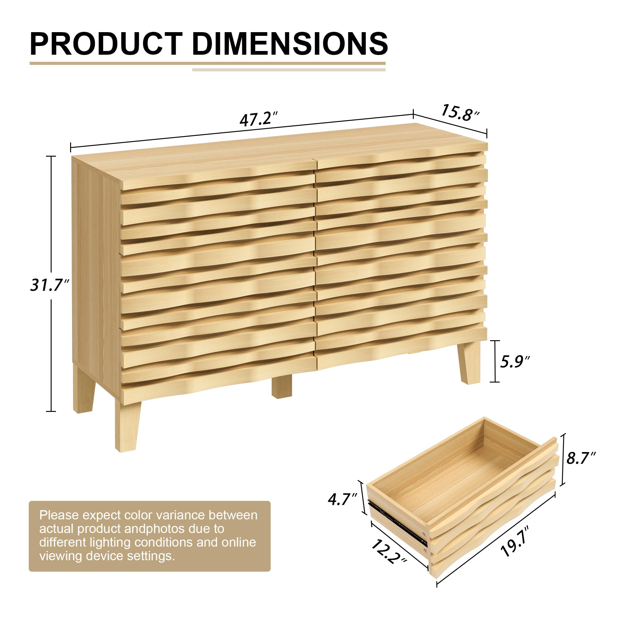 Mid Century Modern 6-Drawer Dresser and Nightstand Set - Solid Wood Bedroom Furniture with Fluted Design & Moire Pattern - Ivory White Storage Set for Master Bedroom, Guest Room, or Apartment