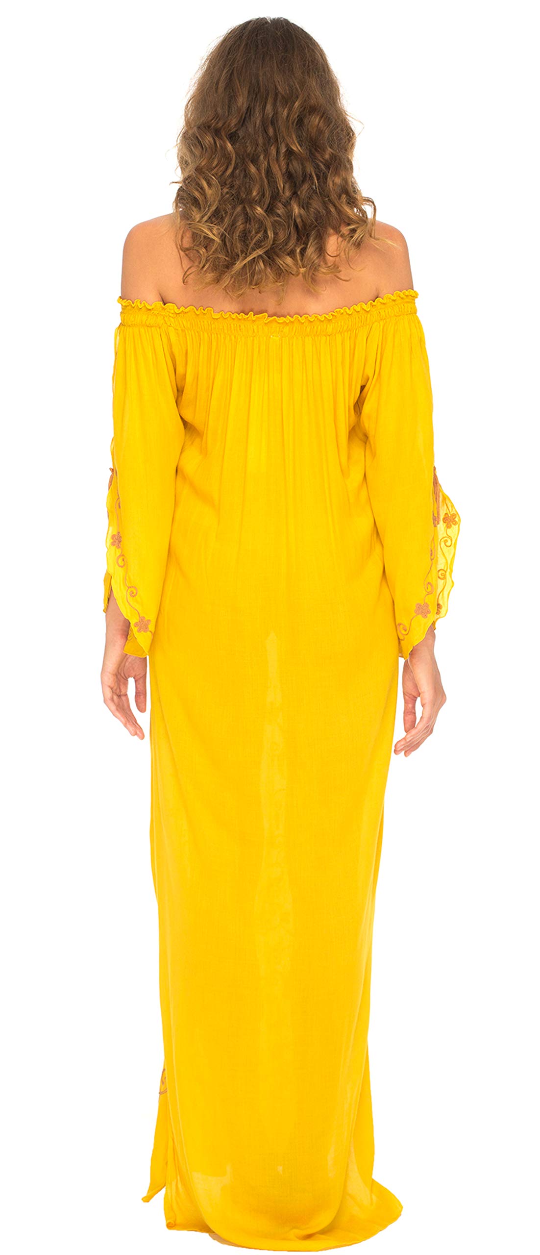 SHU-SHI Women's Casual Boho Ethnic Long Sleeve Off Shoulder Embroidered Maxi Dress - Perfect for Beach Vacations, Summer Parties & Boho Fashion