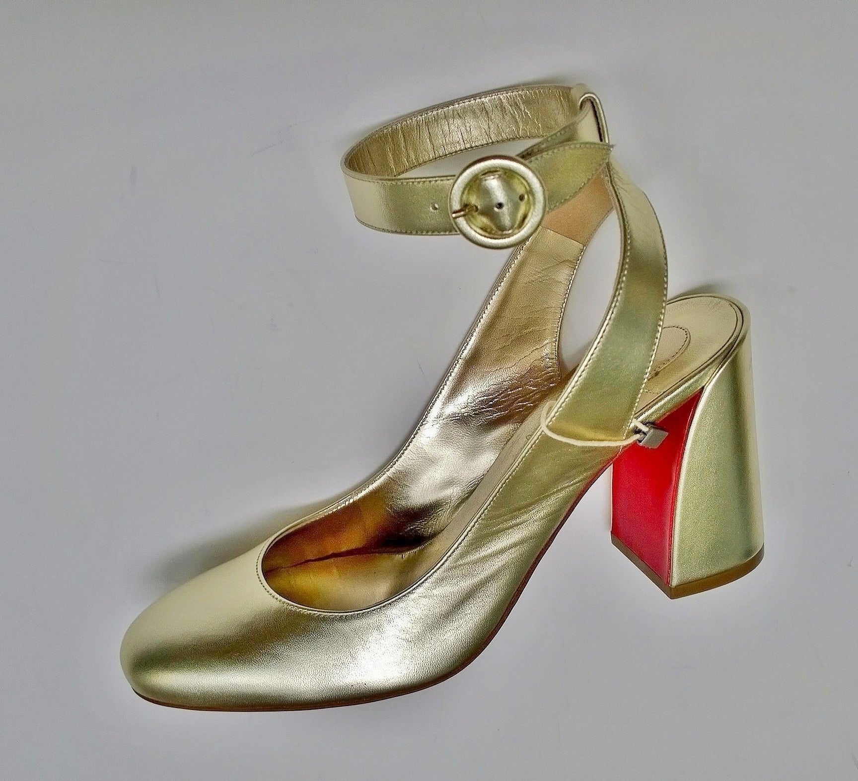 Christian Louboutin Miss Sab 85mm Metallic Gold Ankle Strap Pumps - Perfect for Evening Parties, Weddings & Special Occasions