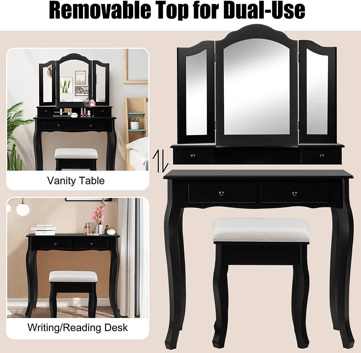Nightcore 2-in-1 Makeup Vanity Table Set with Tri-Folding Mirror, Cushioned Stool & 4 Storage Drawers - Elegant Dressing Table with Shelves for Bedroom Organization (Black) | Perfect for Makeup Application, Jewelry Display & Home Decor