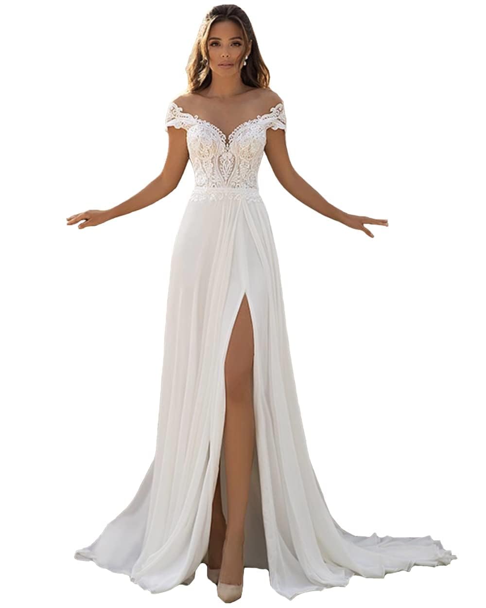 Elegant Illusion Off-Shoulder Wedding Dress with Lace Applique & Chiffon Train - Romantic A-Line Bridal Gown with Thigh Slit for Beach, Church & Garden Ceremonies