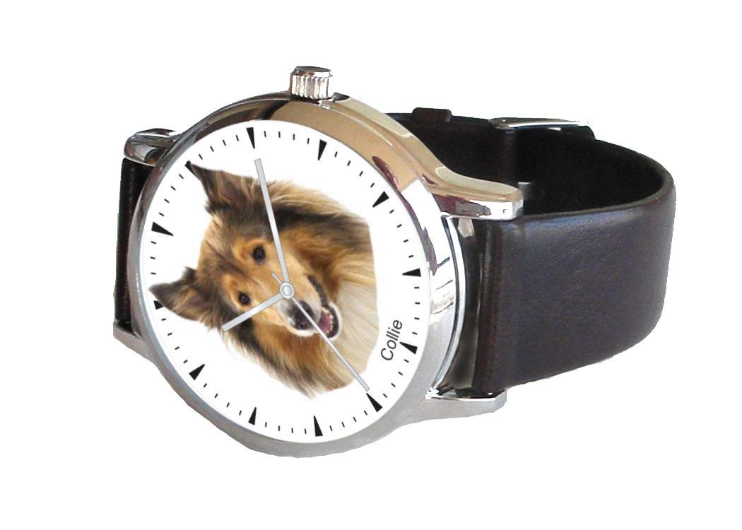 Canine Time Collie Dog Breed Polished Chrome Watch with Leather Strap - Supports ASPCA Donation | Perfect Gift for Dog Lovers & Pet Enthusiasts