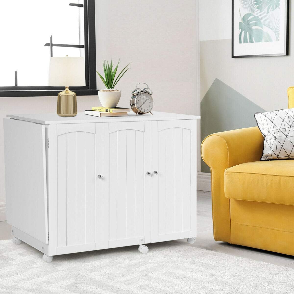 Foldable Sewing Craft Table with 3 Storage Bins & Shelf - Mobile Sewing Cabinet with Locking Wheels, White Space-Saving Workstation for Sewing Machines & Craft Projects - Perfect for Apartments, Small Spaces & Home Studios