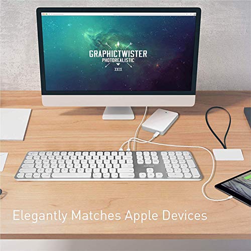 Macally Full-Size Mac Keyboard with Number Pad - USB Hub for MacBook Pro/Air (Silver) - Perfect for Office & Creative Work