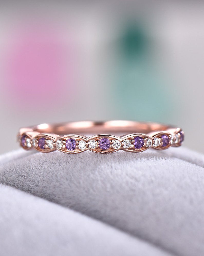 14K Rose Gold Amethyst Diamond Wedding Band - Vintage Marquise Half Eternity Engagement Ring for Women, Stackable Birthstone Jewelry for Bridal, Anniversary & Special Occasions