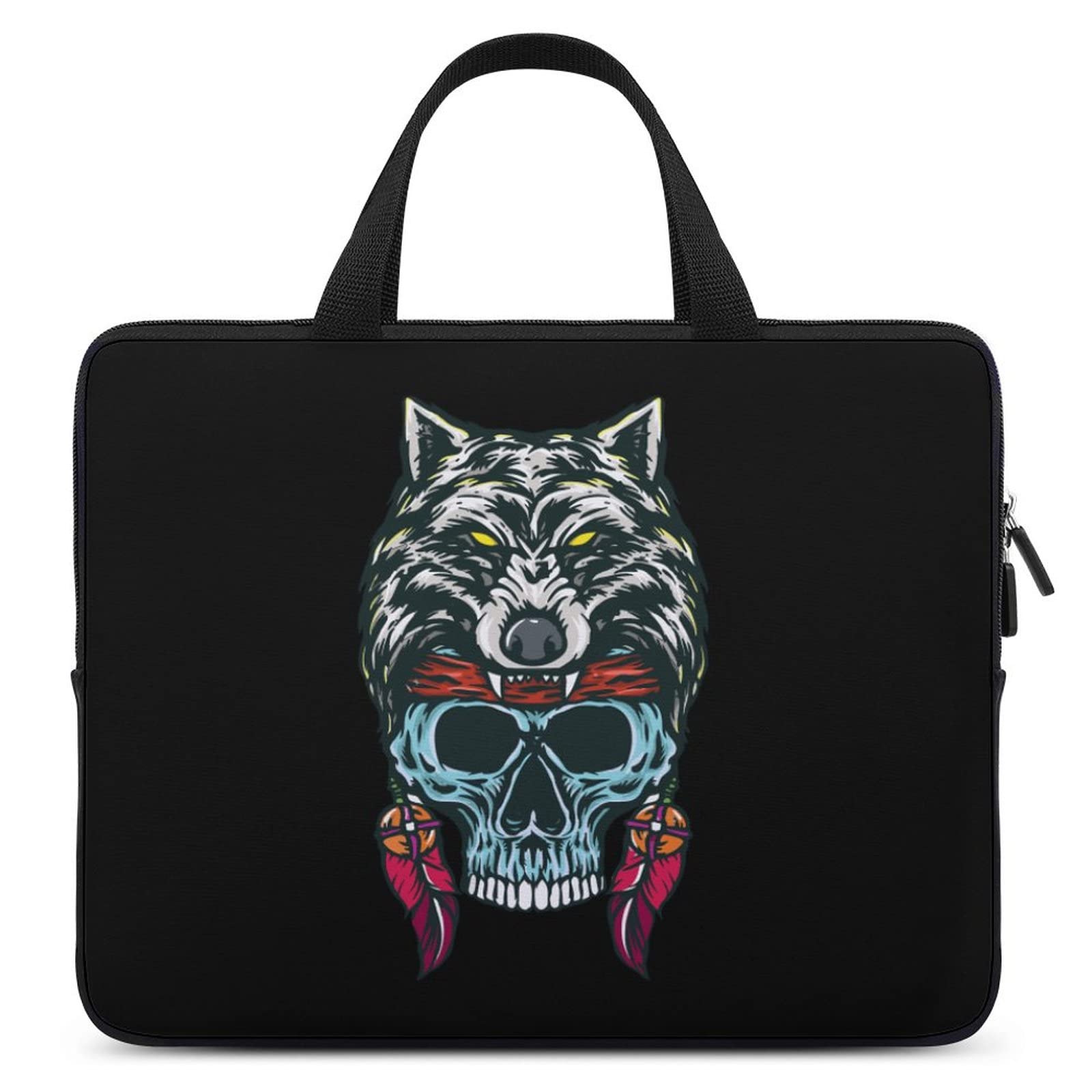 Wolf and Native Skull Waterproof Laptop Bag - Slim Business Casual Computer Briefcase for Office, Travel, and Daily Commute