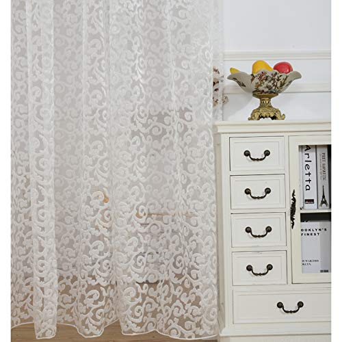 NAPEARL Elegant Jacquard Sheer Curtains 96 Inches Long - Light Filtering Voile Drapes with Pencil Pleat, Set of 2 Panels (52x96 Inch Each, White) for Living Room, Bedroom & Office Windows