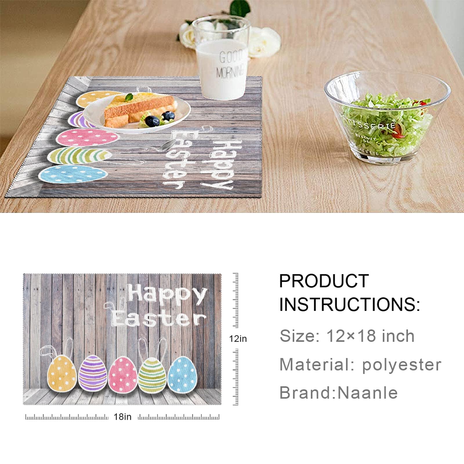 Easter Placemats Set of 4 - Non-Slip Wooden Easter Egg Design, Heat-Resistant & Washable Table Mats for Kitchen Dining - 12