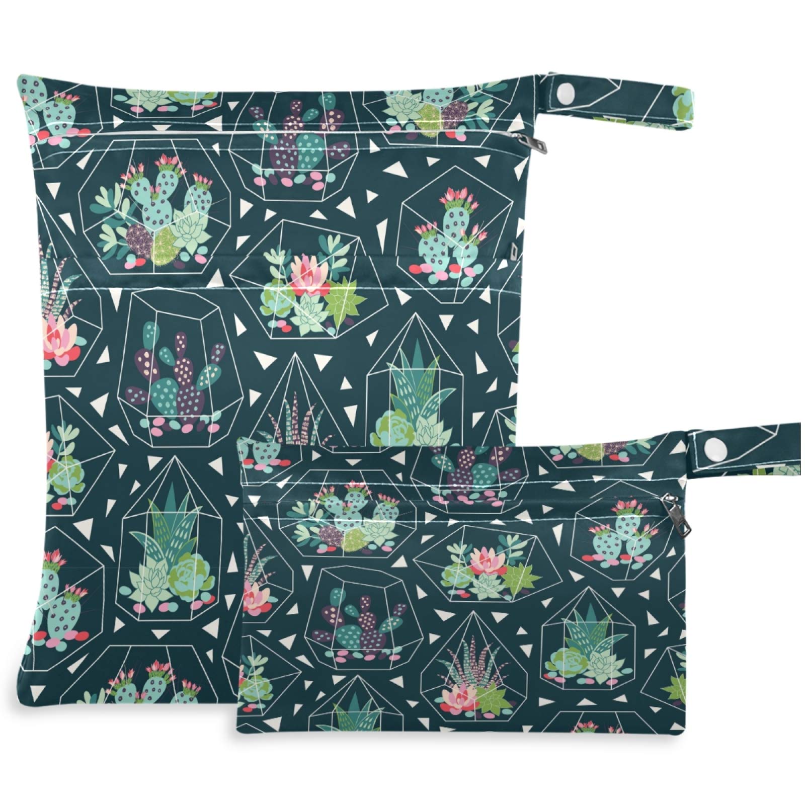 Visesunny Classic Cactus 2-Piece Wet Dry Bag Set with Zipper Pockets - Waterproof Reusable Storage for Travel, Beach, Pool, Gym & Daycare - Perfect for Wet Swimsuits, Dirty Clothes, Diapers & Toiletries - Ideal for Baby Stroller, Sports & Outdoor Activities