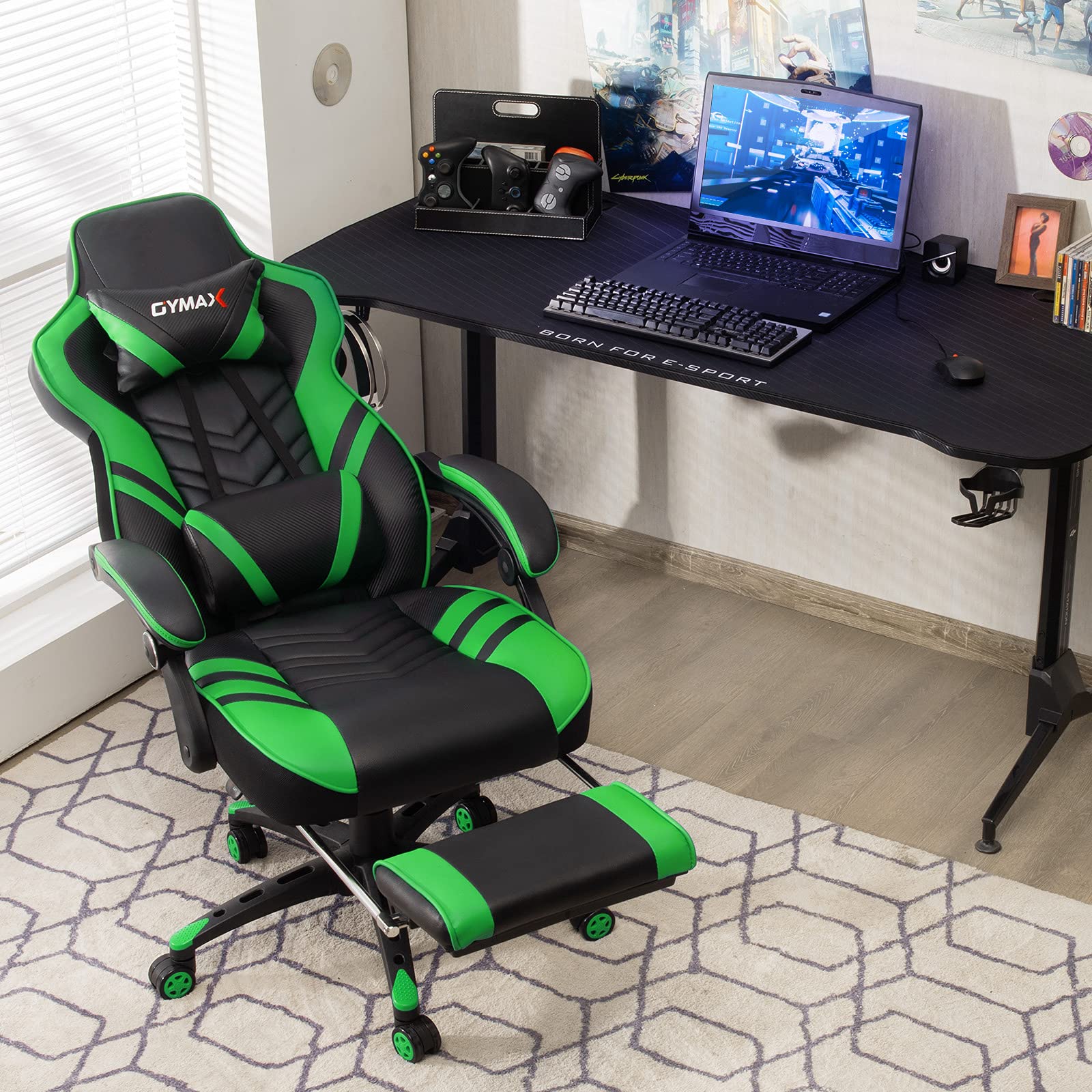 GYMAX Ergonomic Gaming Chair with Footrest, Adjustable Linkage Armrests & Lumbar Support - High Back Reclining Office Computer Chair for Adults & Teens - Perfect for Esports, Streaming & Home Office (Green)