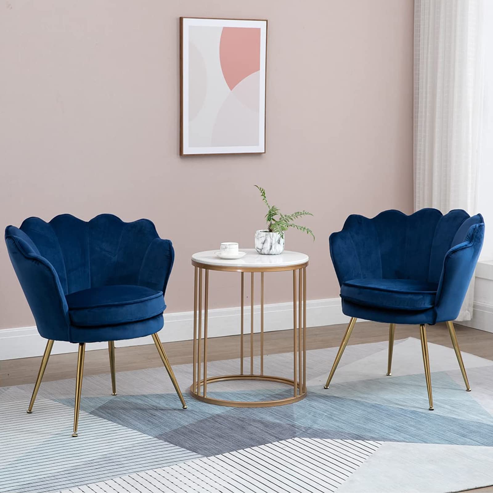 Modern Velvet Accent Chairs Set of 2 - Shell Shaped Upholstered Armchairs with Golden Metal Legs for Bedroom, Living Room & Dining Room - Comfy Vanity Makeup Desk Chair (Dark Blue) | Perfect for Home Office, Guest Seating & Boudoir Decor