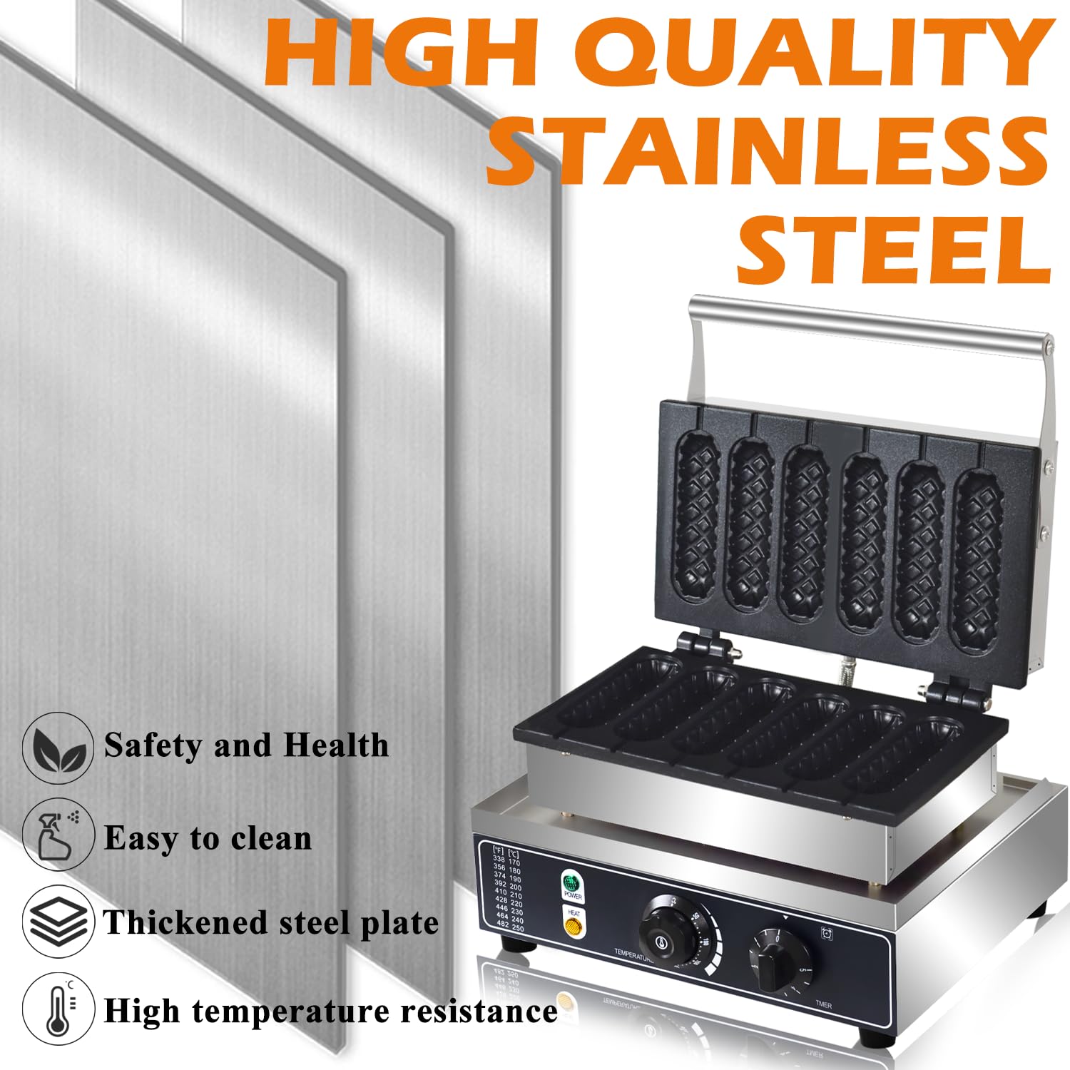 Commercial Corn Dog Waffle Maker 1600W - 6 Slice Non-Stick Stainless Steel Waffle Iron with Temperature & Time Control - Perfect for Restaurants, Bakeries, Snack Bars & Home Use - Make Delicious Corn Dog Waffles with Lolly Sticks for Parties, Events & Quick Snacks