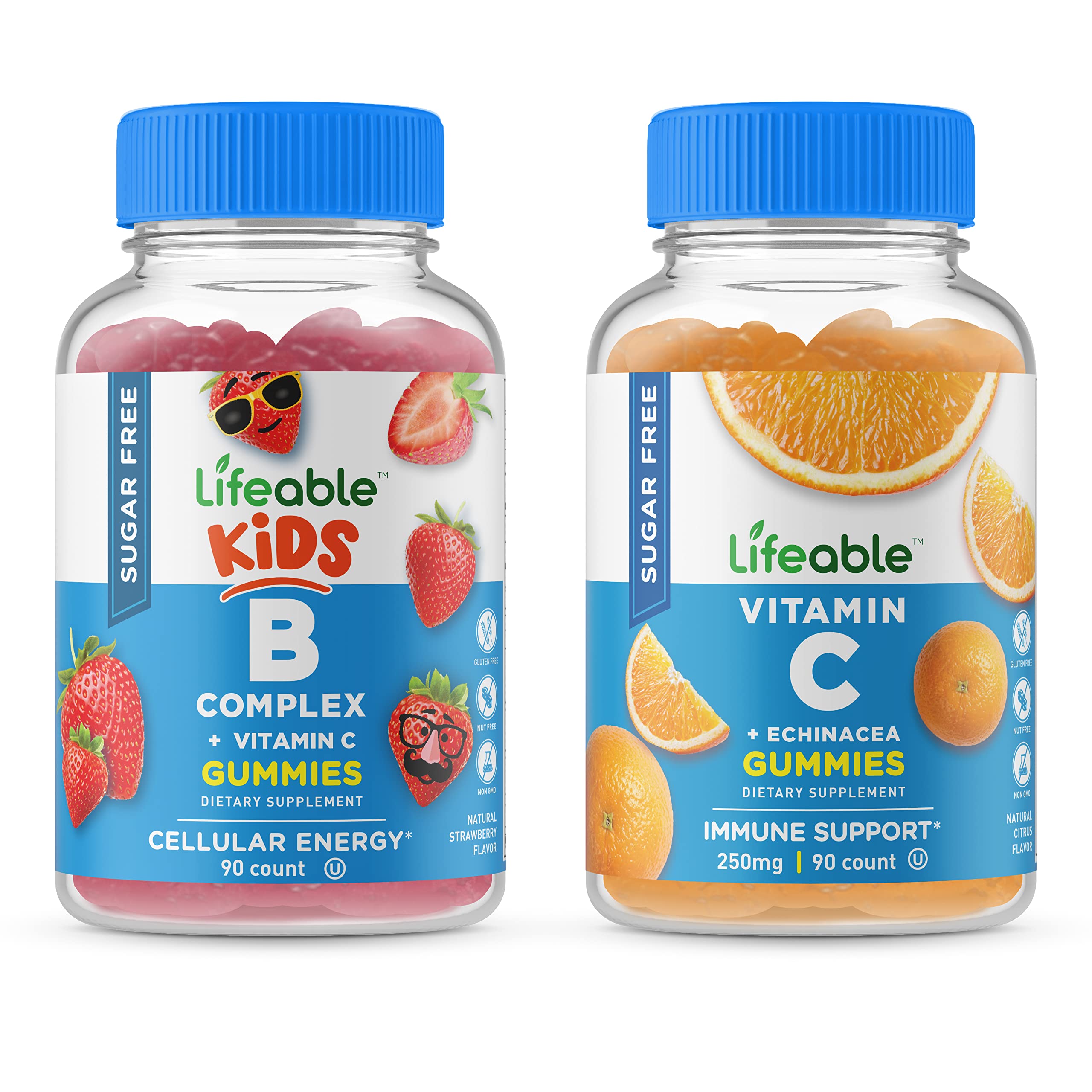 Lifeable Sugar Free B Complex Kids + Vitamin C Gummies Bundle - Delicious Natural Flavor Vitamin Supplement for Children - Gluten Free, Vegetarian, Non-GMO Chewable Vitamins - Perfect for Daily Immune Support & Healthy Growth