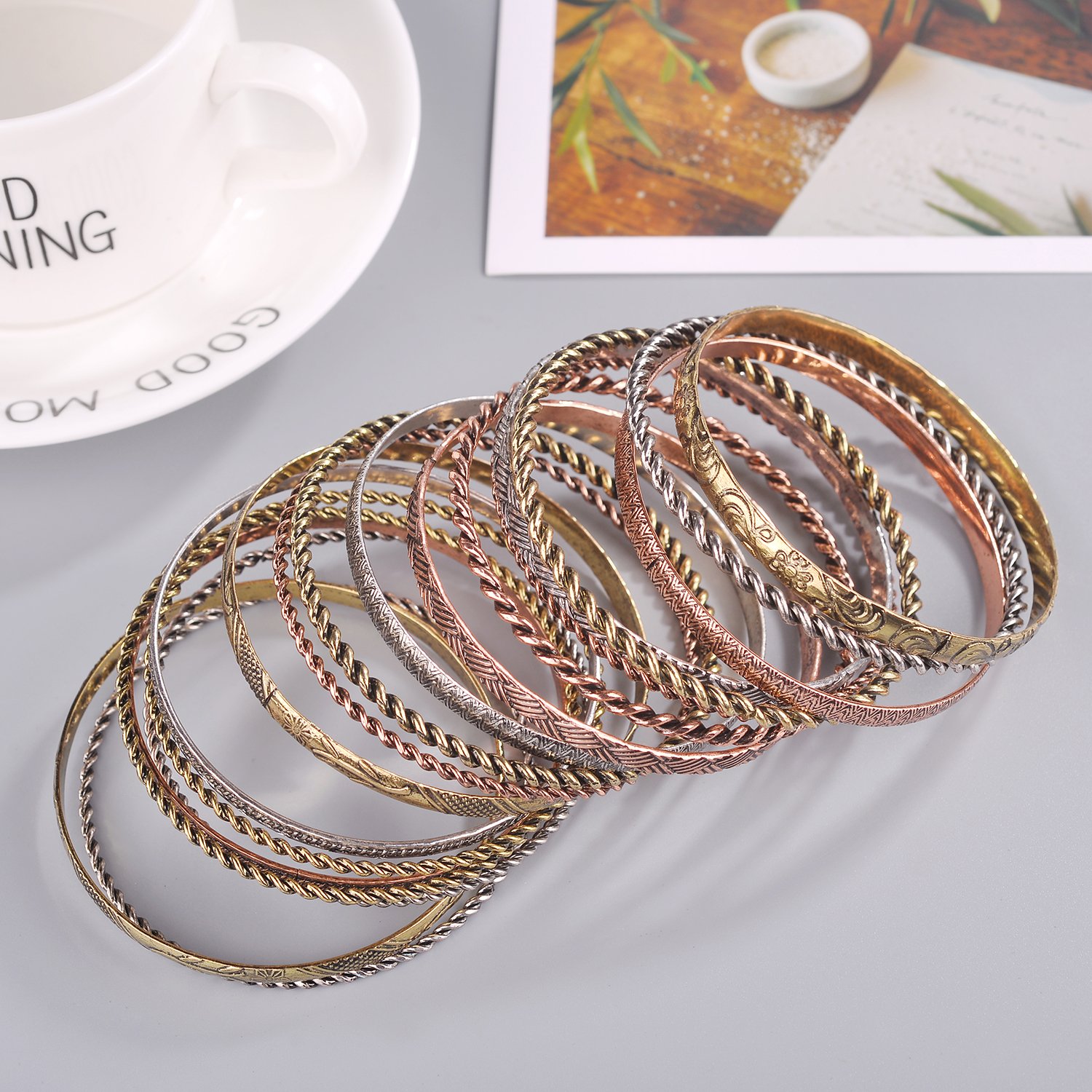 Luxury Flower Mixed Metal Aztec Multi Bangle Set - Boho Chic Bracelets for Women - Perfect for Festivals, Parties & Everyday Wear