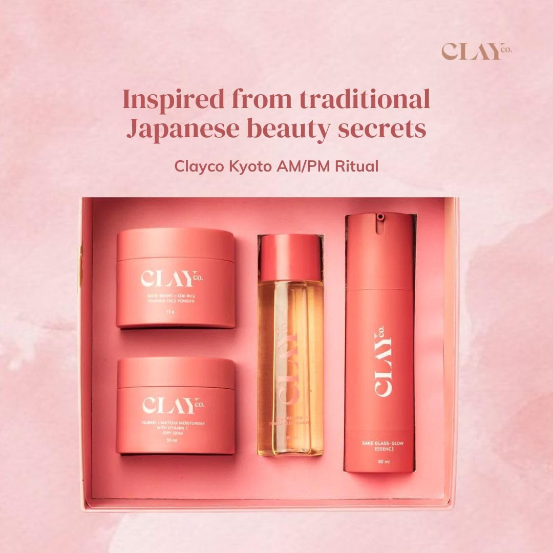 CLAYCO Kyoto AM/PM Skincare Set for Normal Skin - Japanese Beauty Routine with Sake Essence, Tsubaki Cleansing Oil, Azuki Bean Face Wash & Matcha Moisturizer | Daily Hydration & Radiance Boost for Glowing Skin