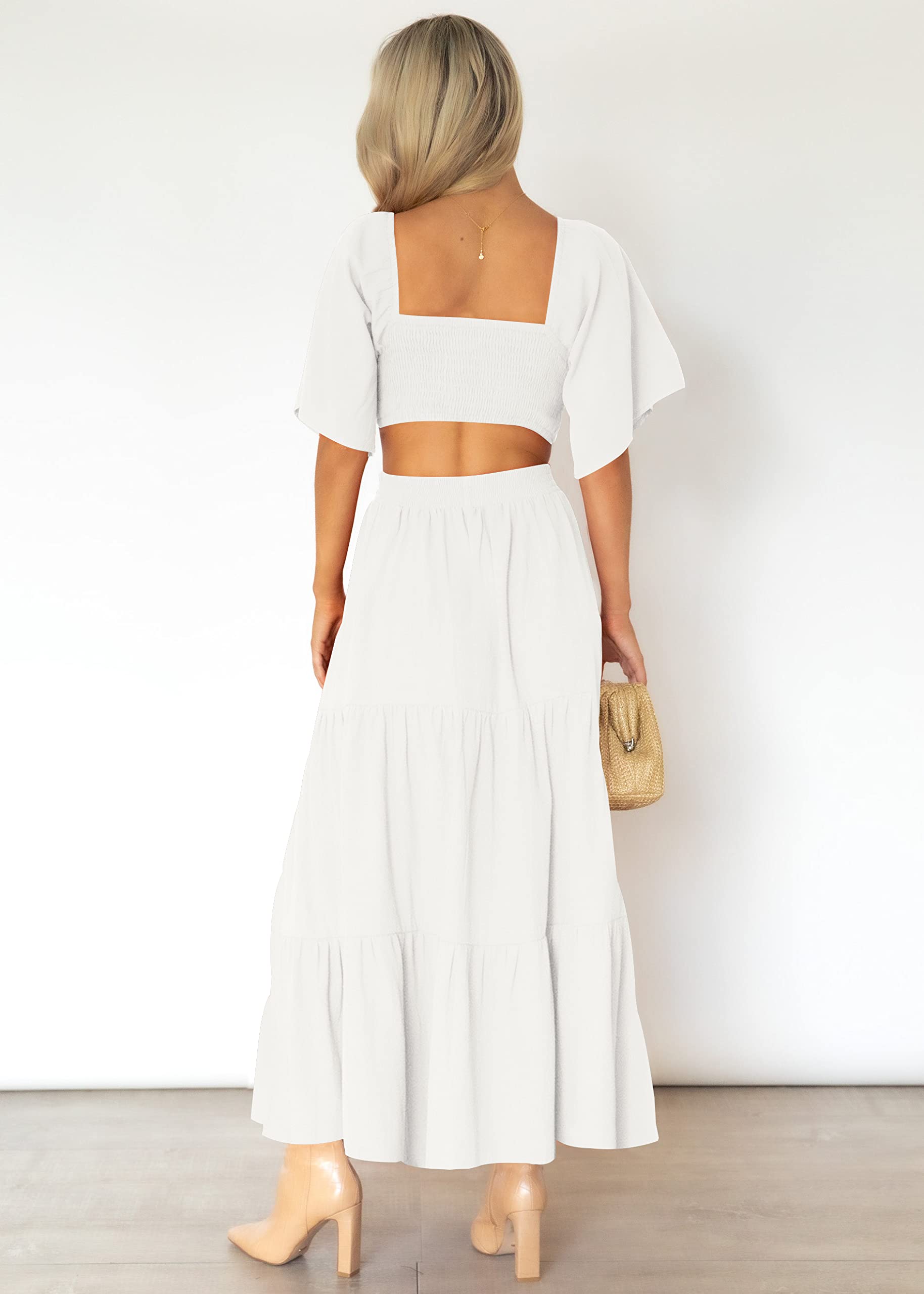 LEANI Women's 2025 Summer Cutout Maxi Dress - Square Neck Short Sleeve Crossover Waist Casual Party Dress for Beach Vacation, Wedding Guest & Evening Out