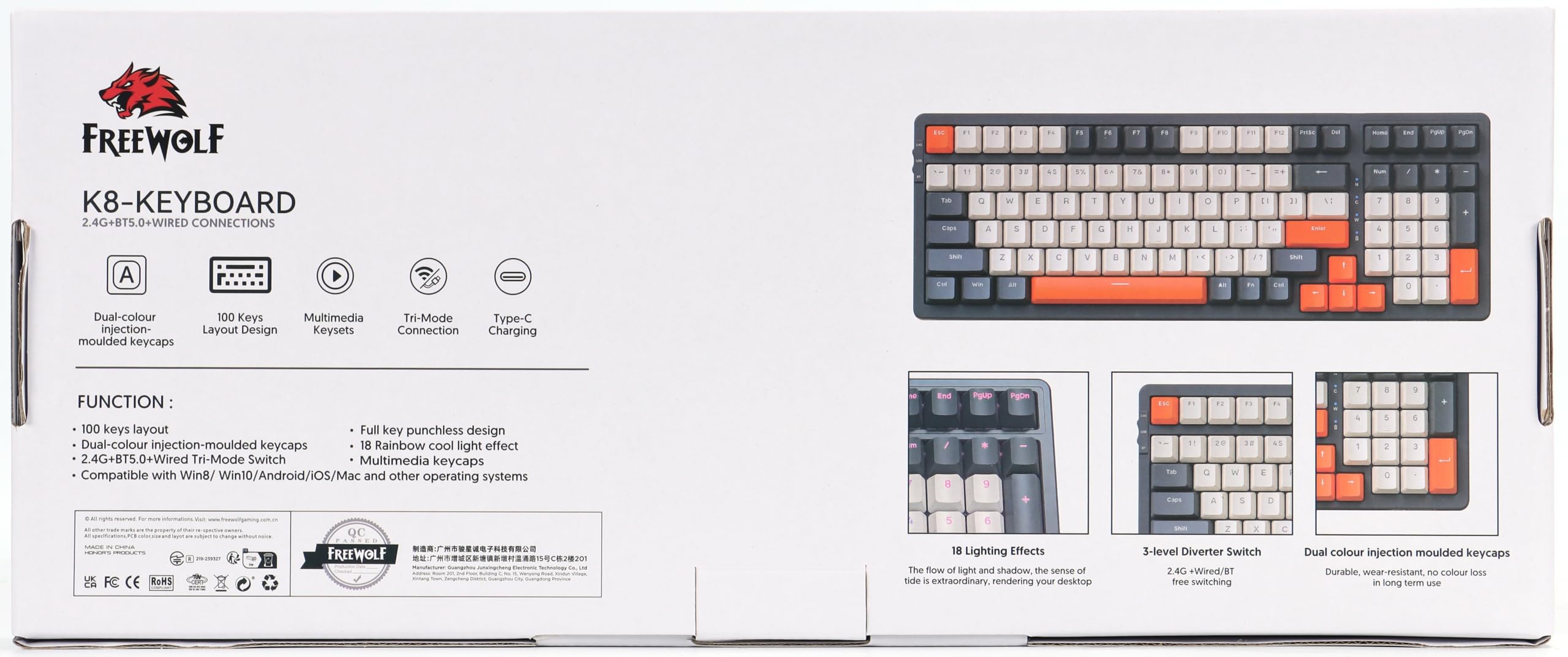 FREEWOLF K8 Wireless Mechanical Gaming Keyboard - Hot Swappable RGB Backlit, Red Switches, Bluetooth 5.0/2.4Ghz/USB-C Tri-Mode, 4000mAh Battery, US Layout for Mac/Windows (Grey/Orange) - Perfect for Gaming, Office Work & Typing Enthusiasts