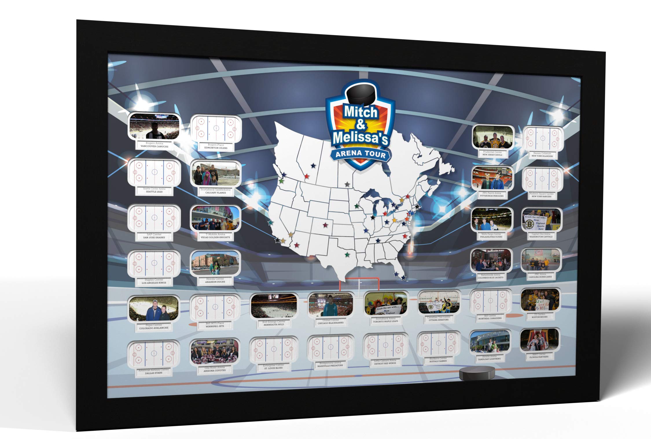 Custom Hockey Arena Photo Map - Personalized Sports Memorabilia with Black Frame - Made in USA | Perfect for Hockey Fans, Man Cave Decor, Sports Themed Gifts & Home Office Wall Art