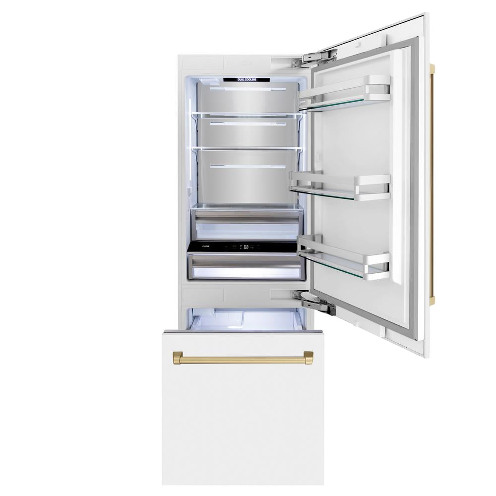 ZLINE Autograph Edition 30 Inch Built-In Bottom Freezer Refrigerator - 16.1 cu ft Capacity, Water Dispenser & Ice Maker - White Matte Finish with Champagne Bronze Accents (RBIVZ WM 30 CB) - Perfect for Modern Kitchens, Open-Concept Homes & Luxury Appliances Collection