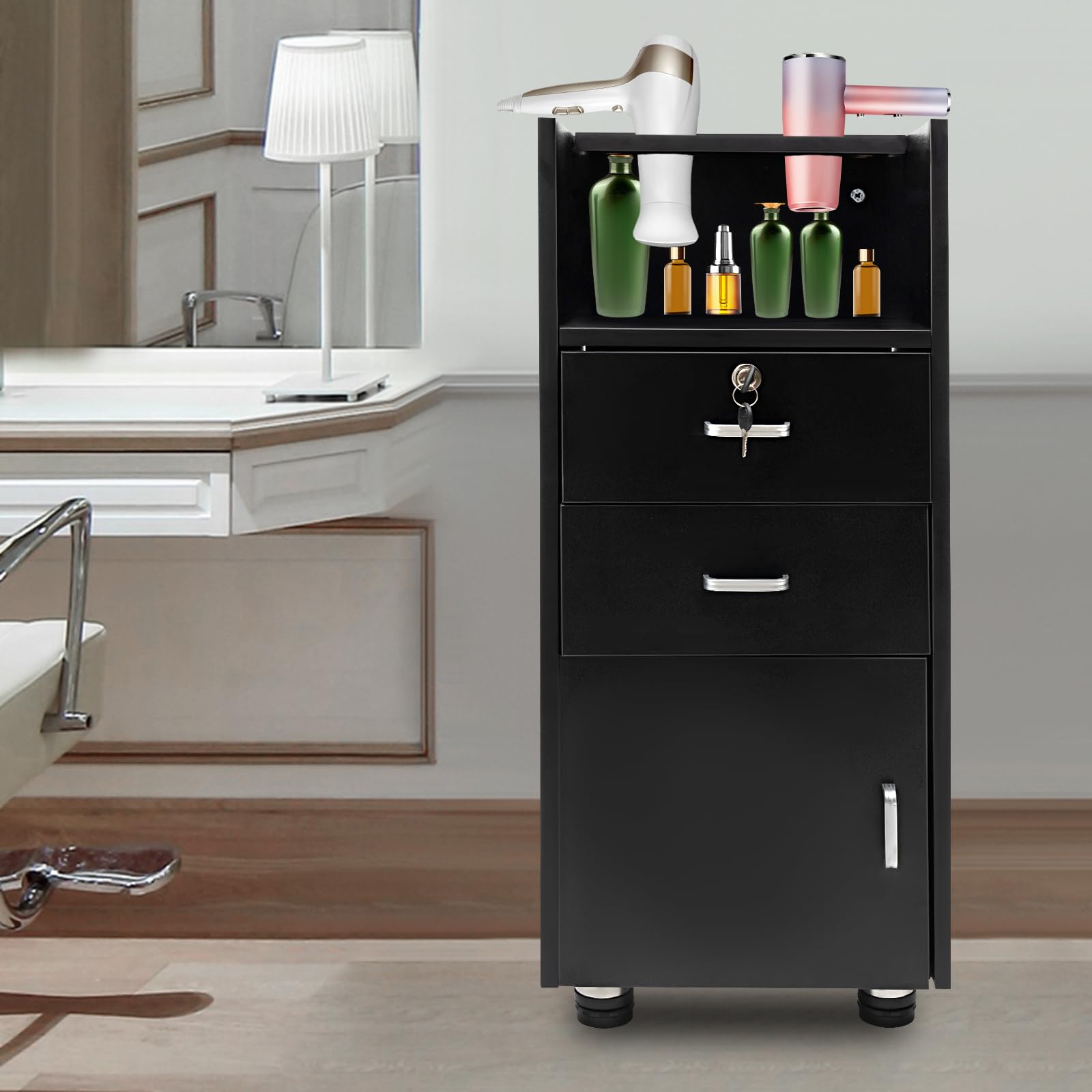 5-Tier Barber Station Storage Cabinet with 2 Drawers & Hair Dryer Holders - Professional Salon Hair Stylist Utility Organizer for Tools & Accessories - Perfect for Home & Commercial Barber Shops, Black