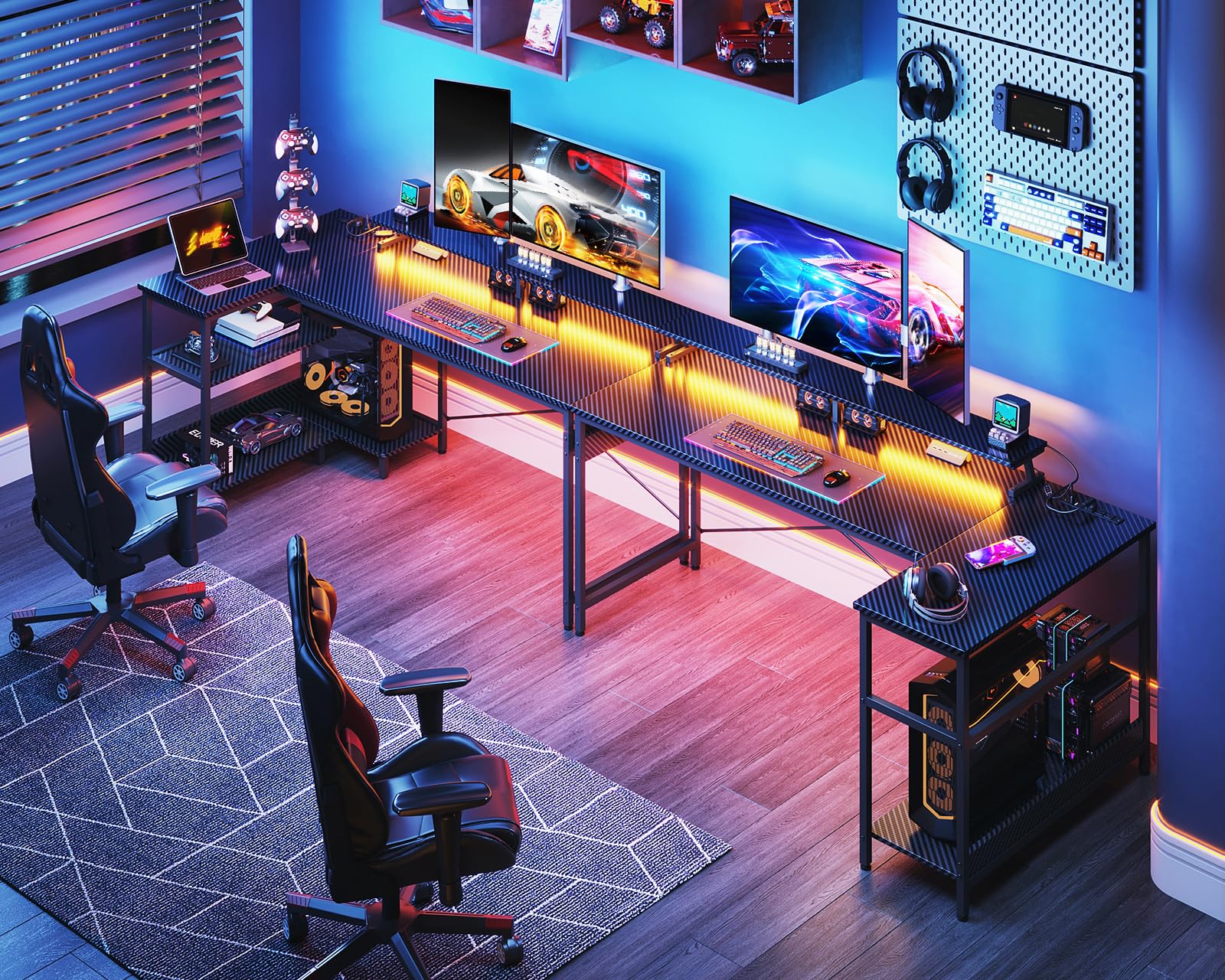 ODK 66 Inch L-Shaped Gaming Desk with USB Charging Ports, LED Lights & Power Outlets - Reversible Corner Computer Desk with Storage Shelves & Monitor Stand in Carbon Fiber Black - Perfect for Gamers, Streamers & Home Office Setup