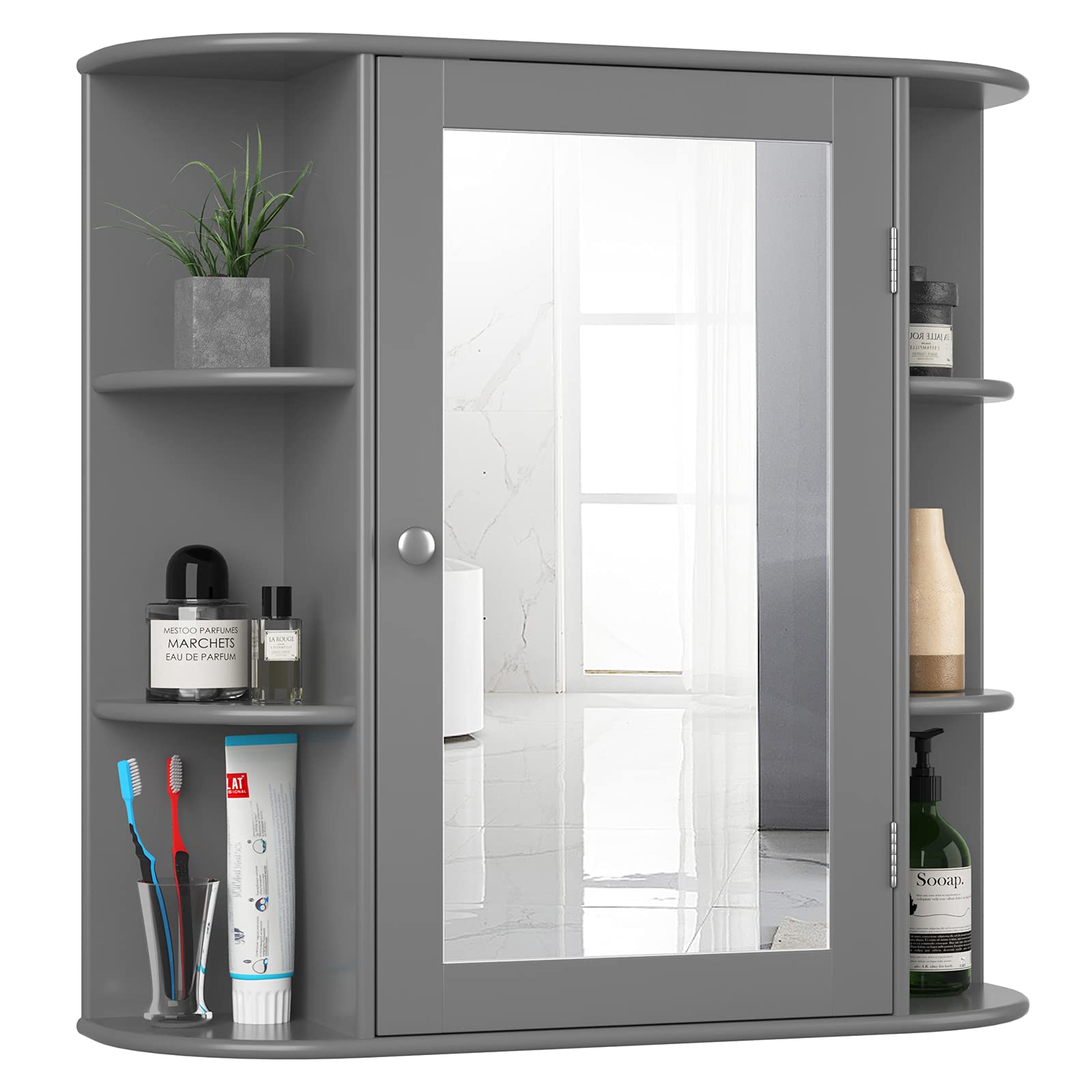 Tangkula Wall Mounted Bathroom Medicine Cabinet with Mirror - 24 Inch Bathroom Storage Cabinet with Adjustable Shelves & Mirror Door - Space Saving Mirror Cabinet for Bathroom, Living Room, Bedroom (Gray) - Perfect for Small Spaces & Modern Home Decor