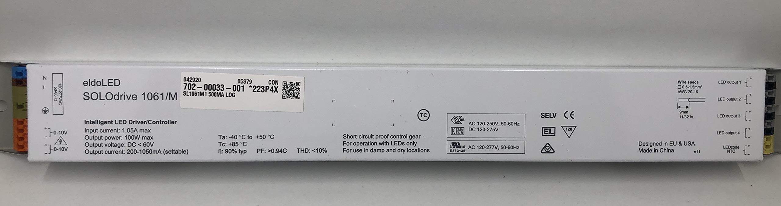 SOLOdrive 1061/M AC LED Driver 100W Constant Current 0-10V Dimming 4X 57V Outputs Side Feed Long Metal Housing - Perfect for Commercial LED Lighting, Architectural Lighting & Stage Lighting Applications