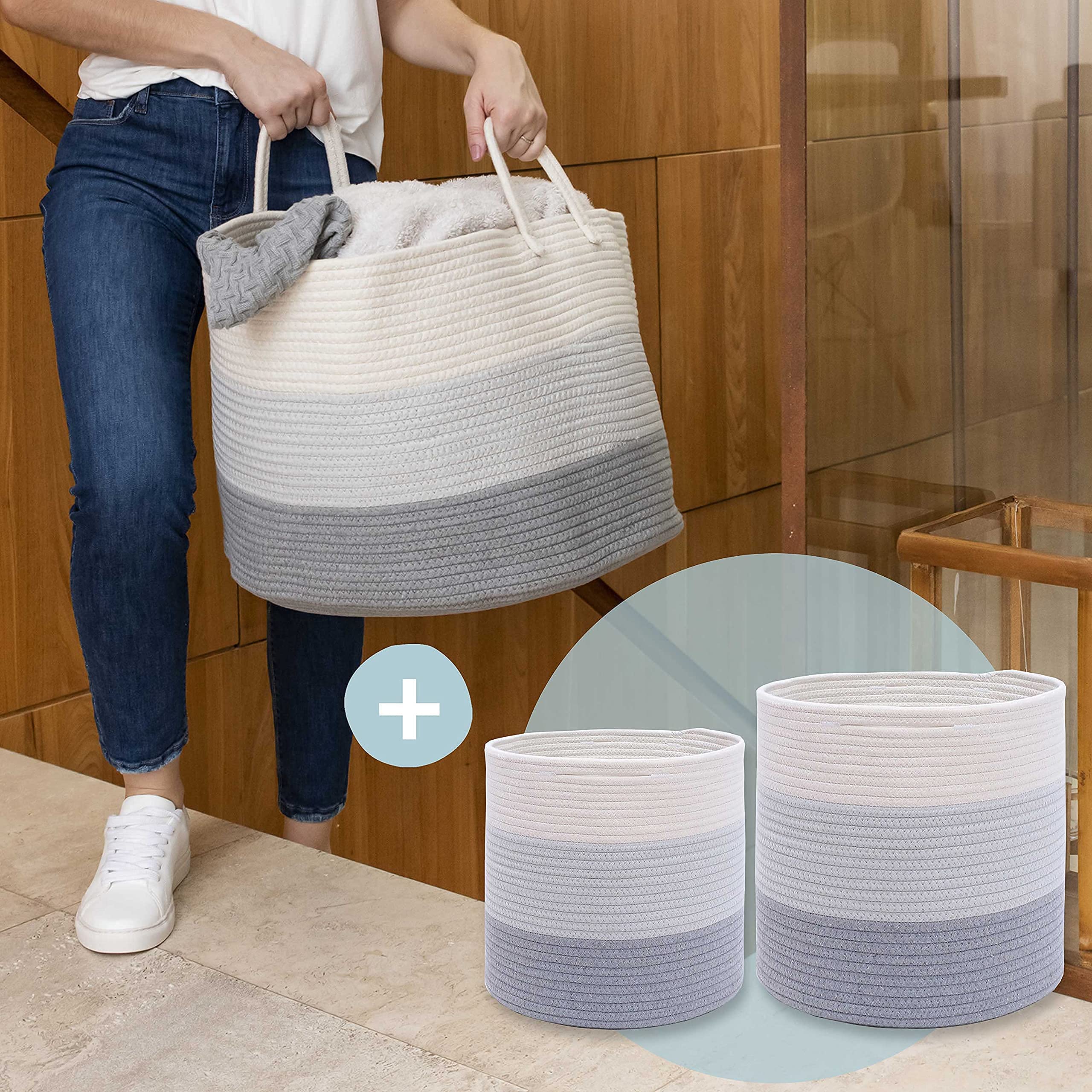 Grey Rope Laundry Basket & 2 Planter Baskets Set for Home Decor