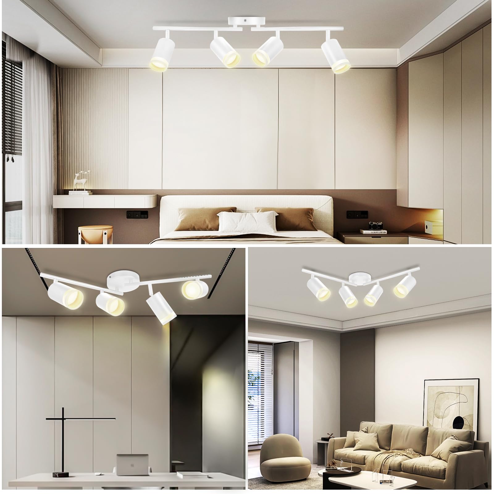 4-Light LED Track Lighting Kit - Flexible Rotatable GU10 Fixtures for Ceiling, Matte White (Bulbs Not Included) - Perfect for Kitchen, Home Office, Laundry Room & Modern Interior Lighting
