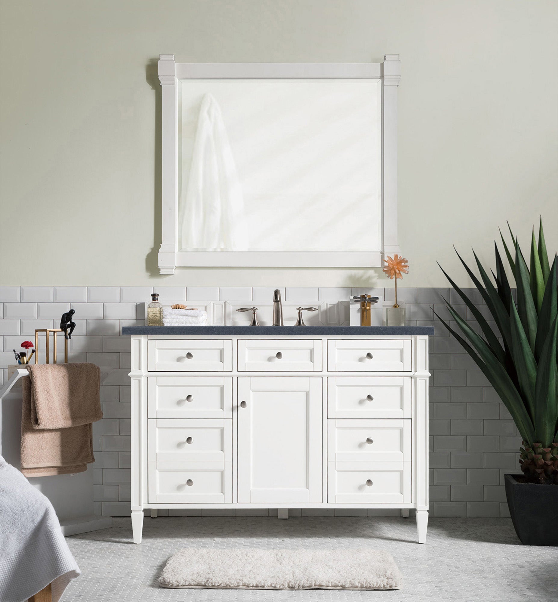 Brittany 48-Inch Bright White Single Bathroom Vanity with 3CM Charcoal Soapstone Quartz Countertop | Modern Sink Cabinet for Master Bath, Guest Bath & Powder Room Remodel