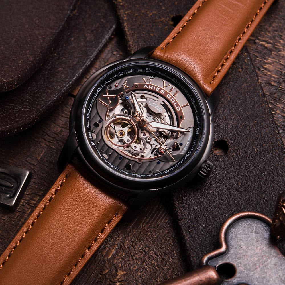 Aries Gold El Toro Black Skeleton Dial Men's Watch with Brown Leather Strap - Model G 9005A BK BK - Perfect for Business, Formal Events & Luxury Gift Giving