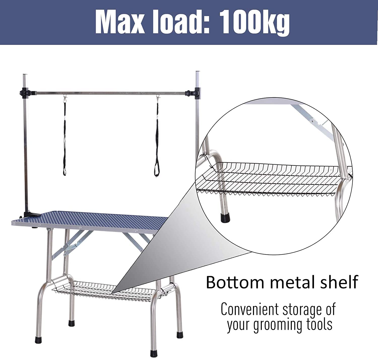 Foldable Stainless Steel Pet Grooming Table for Dogs - Heavy Duty 330lbs Capacity, Adjustable Height with Overhead Arms, Noose & Mesh Tray - 42 Inch Blue Professional Dog Bathing & Drying Station - Perfect for Home Grooming, Pet Salons & Veterinary Clinics