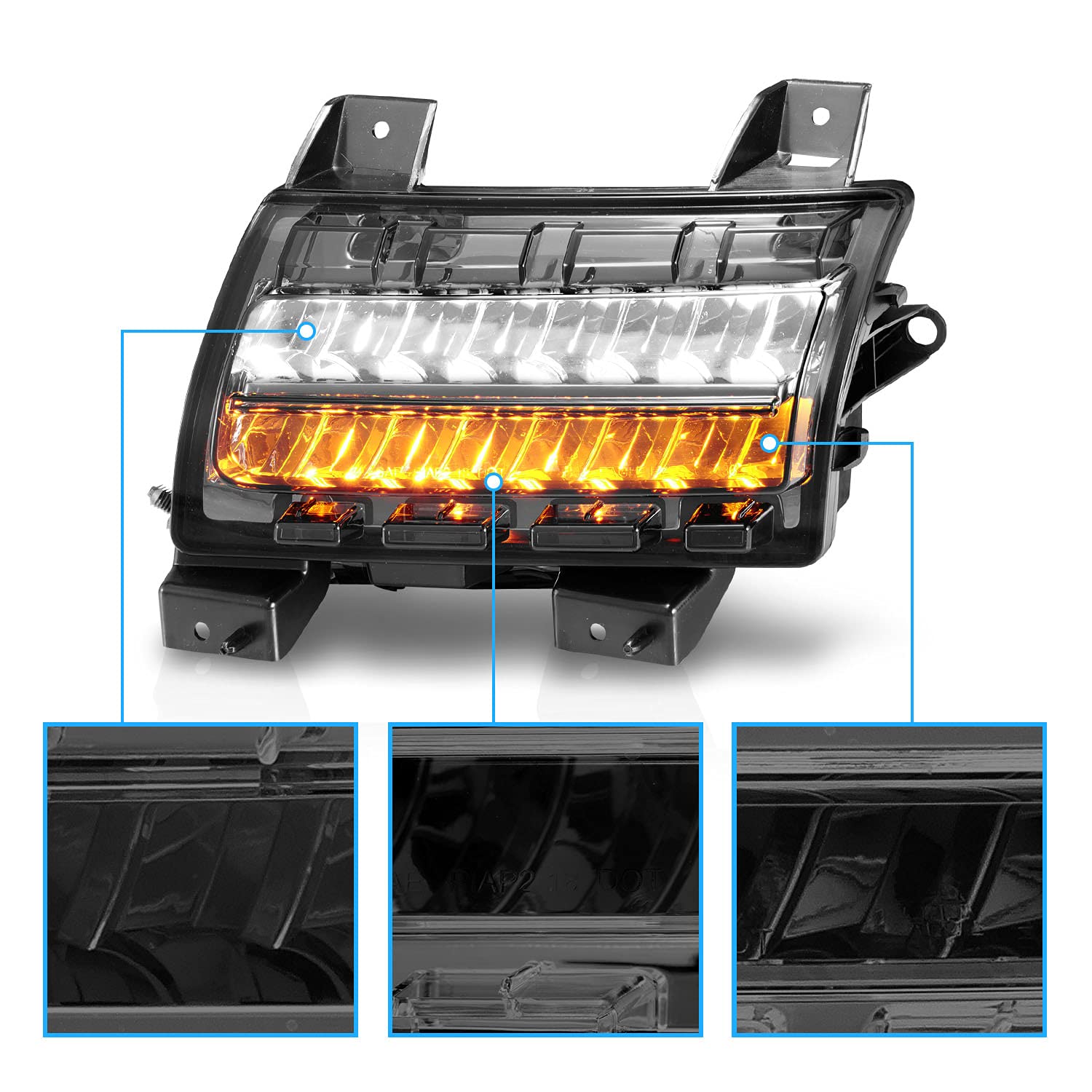 AmeriLite LED Bumper Lights for 2018-2020 Jeep Wrangler JL Sport & Sport S Models - Smoked Sequential Turn Signals with DRL - Upgrade Your Halogen Headlights for Off-Road & Night Driving