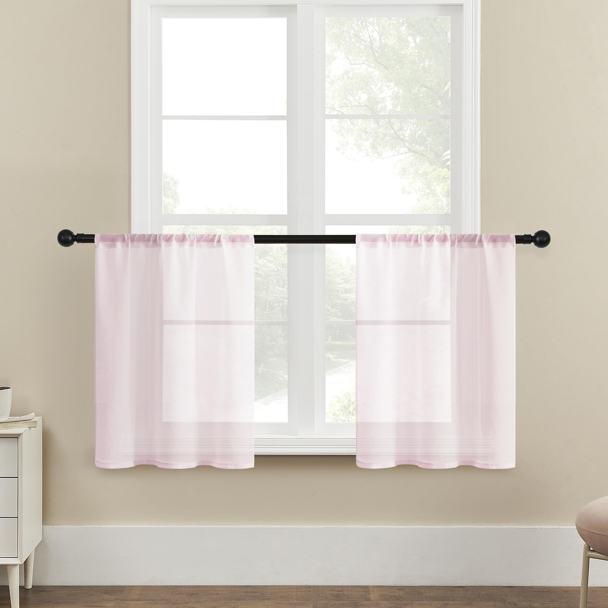 MRTREES Sheer Tier Curtains 24 Inches Long - Light Pink Voile Kitchen & Bathroom Window Panels, Semi-Transparent Light Filtering Cafe Curtains with Rod Pocket (Set of 2) - Perfect for Small Windows, Tiered Dressing Rooms, and Cozy Breakfast Nooks