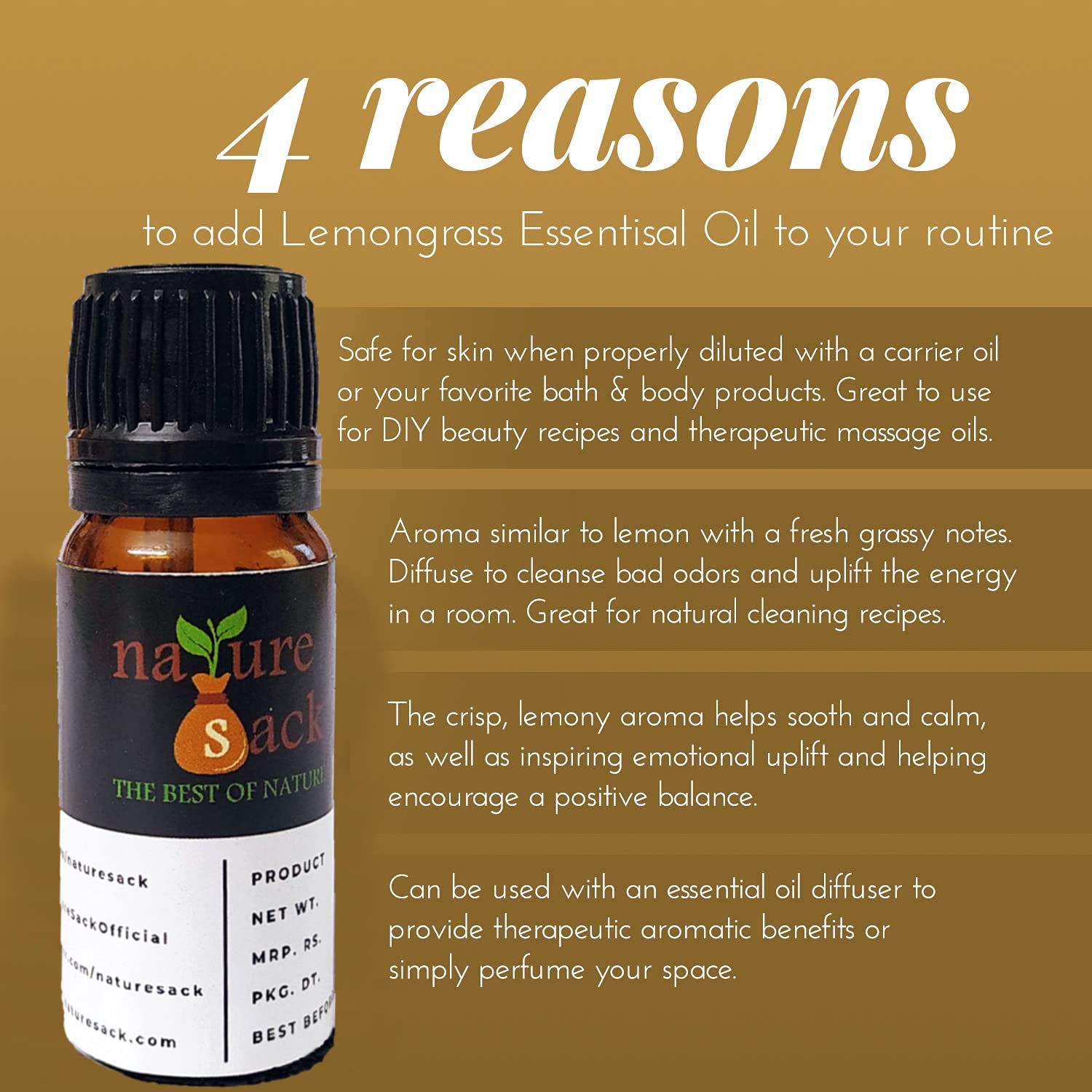 NatureSack Pure Lemongrass Essential Oil 25ml - Steam Distilled, 100% Natural Aromatherapy Oil for Diffusers, Soap Making, Bath Bombs, Candles - Relaxation, Stress Relief & Home Fragrance