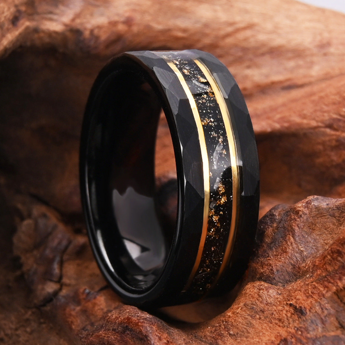 8mm Black Tungsten Steel Men's Wedding Band with Crushed Gold Foil & Meteorite Opal - Durable Luxury Ring for Grooms, Anniversaries, and Special Occasions