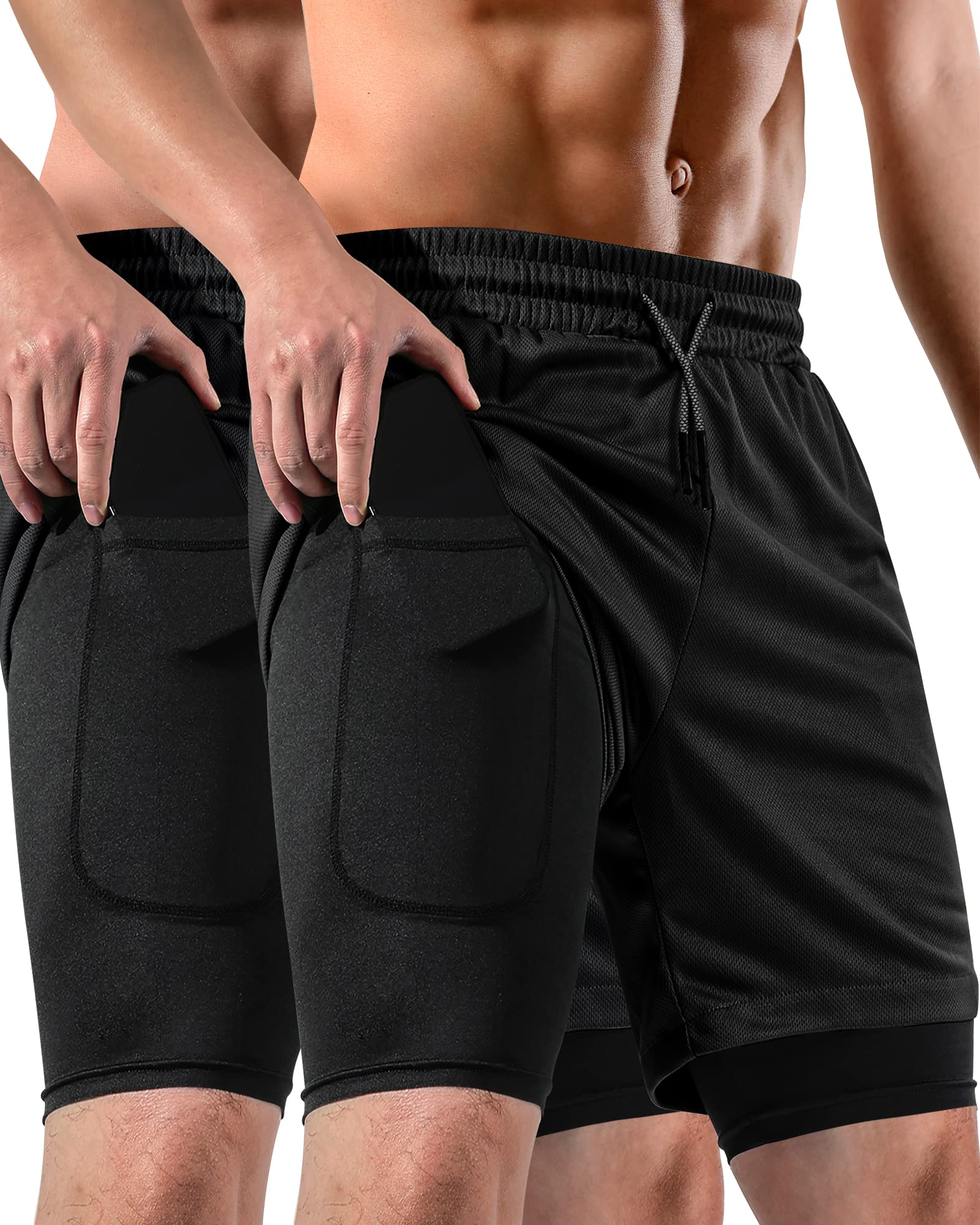 2 in 1 Men's Running & Gym Shorts - 7 Inch Quick-Dry Workout Shorts with Pockets & Towel Loop (2 Pack) - Perfect for Jogging, Training & Outdoor Activities