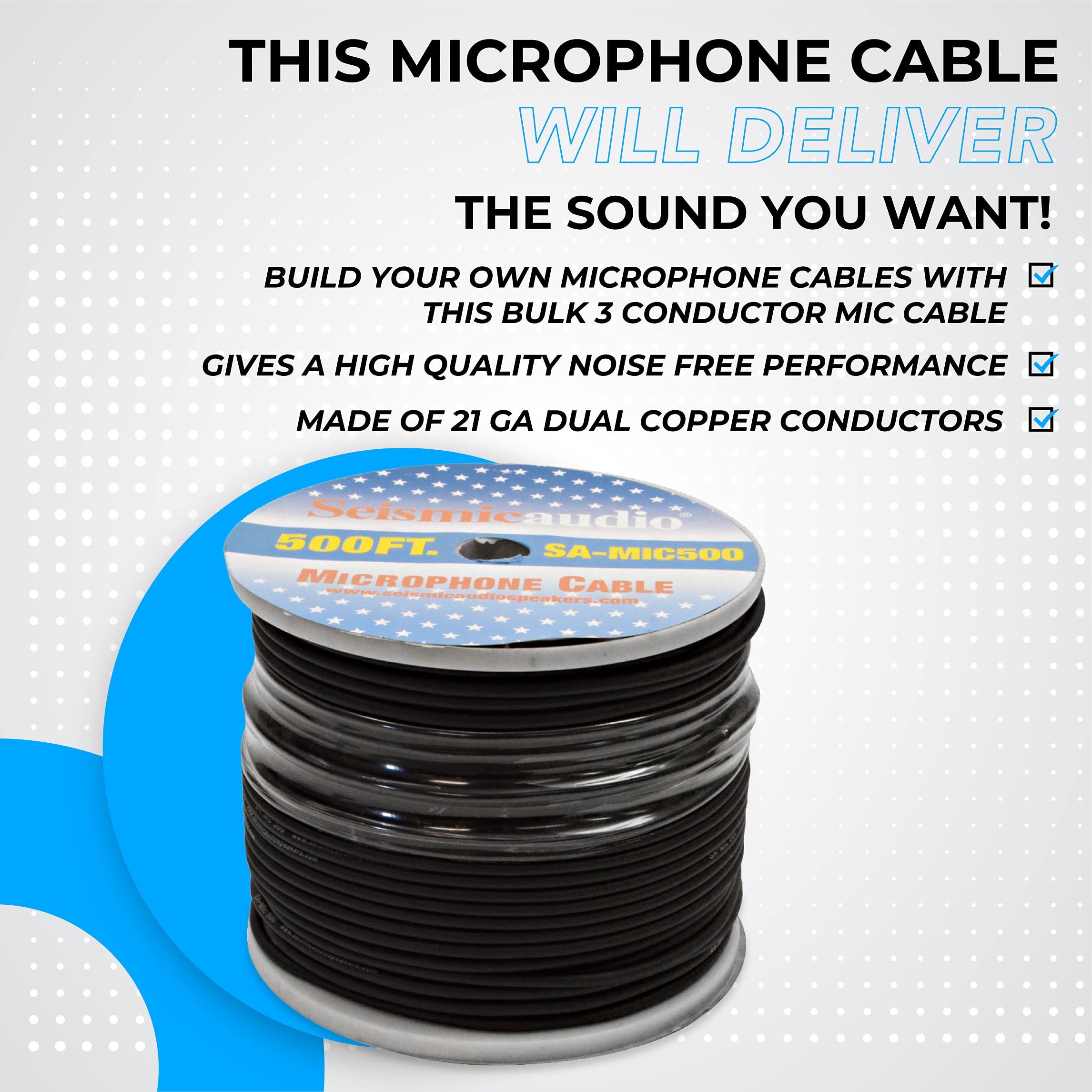 Seismic Audio 500ft Microphone Cable - DIY Mic Cable for Professional Audio & Studio Recording - Perfect for Live Performances, Podcasting & Home Studios