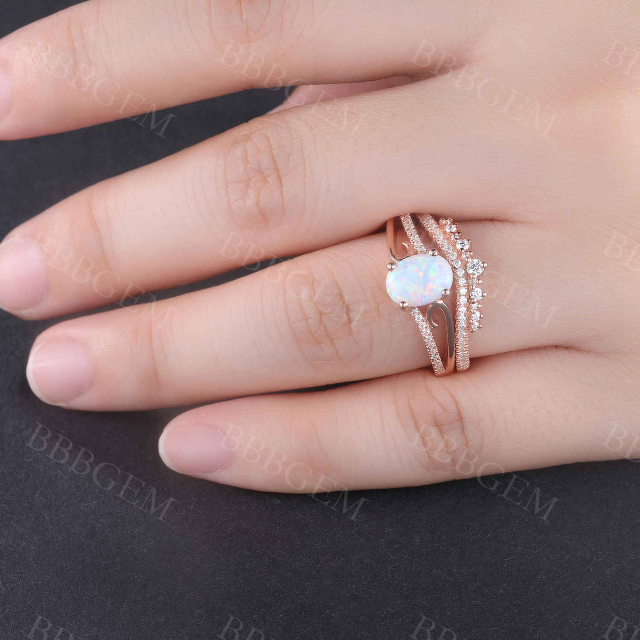 Antique Rose Gold Oval Opal Engagement Ring Set with Diamond Wedding Band - Vintage Curved Design for Unique Bridal Jewelry, Perfect for Proposals, Weddings & Anniversaries