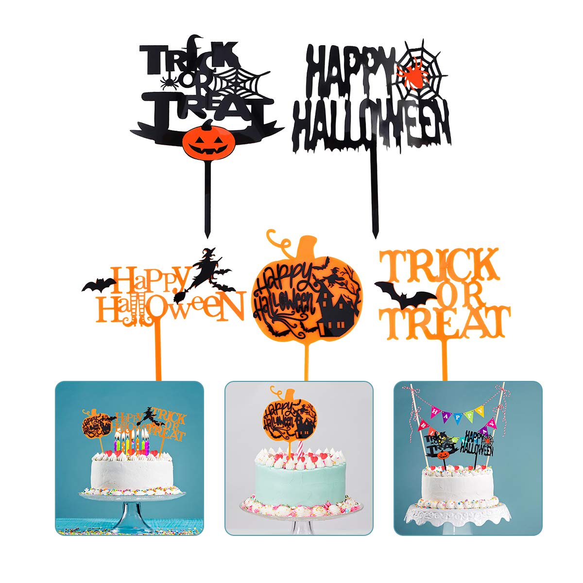 5pcs Halloween Acrylic Cake Toppers - Spooky Cake Decorations for Halloween Party, Birthday, Cupcake & Dessert Decorating