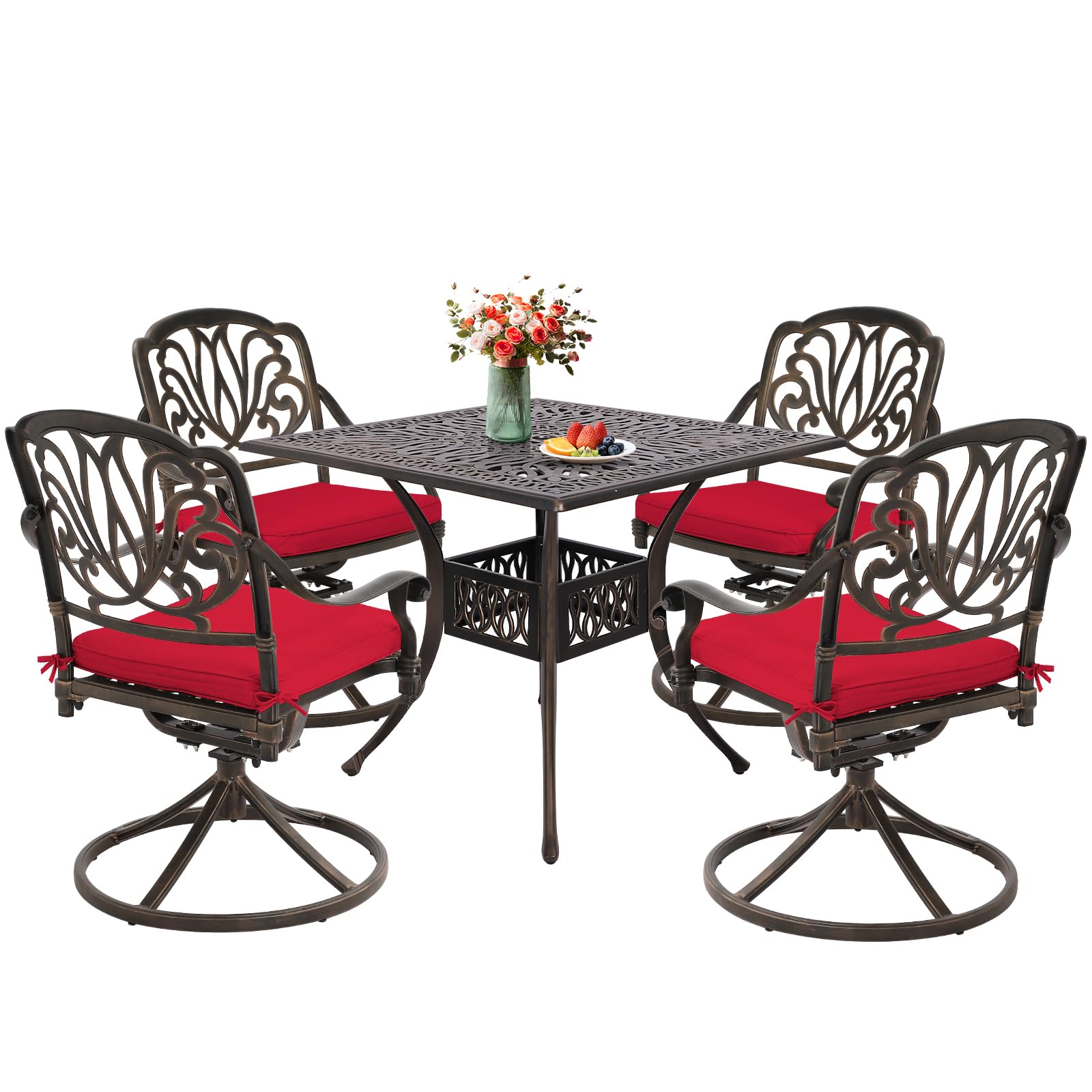 **Grepatio 5-Piece Cast Aluminum Outdoor Dining Set – 4 Swivel Rocker Chairs with Cushions & 35.4