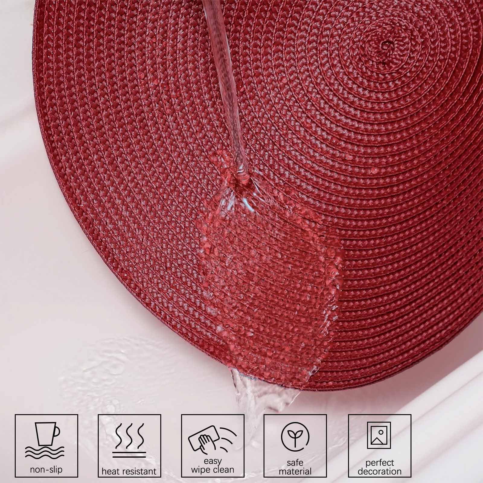 AHHFSMEI 15 Inch Round Braided Placemats Set of 6 - Natural Woven Heat Resistant Table Mats for Dining, Kitchen, and Outdoor Use (Burgundy Red)