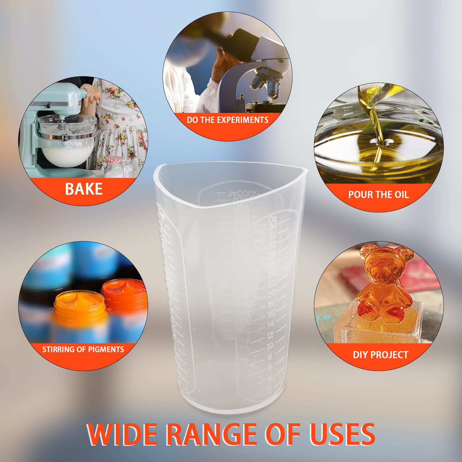 Premium Silicone Resin Measuring Cups - 1000ml Thick Non-Stick Mixing & Pouring Cups with 3 Measurement Units (OZ/ML/G) - Ideal for Epoxy Resin, Art Crafts, Baking & Kitchen Use