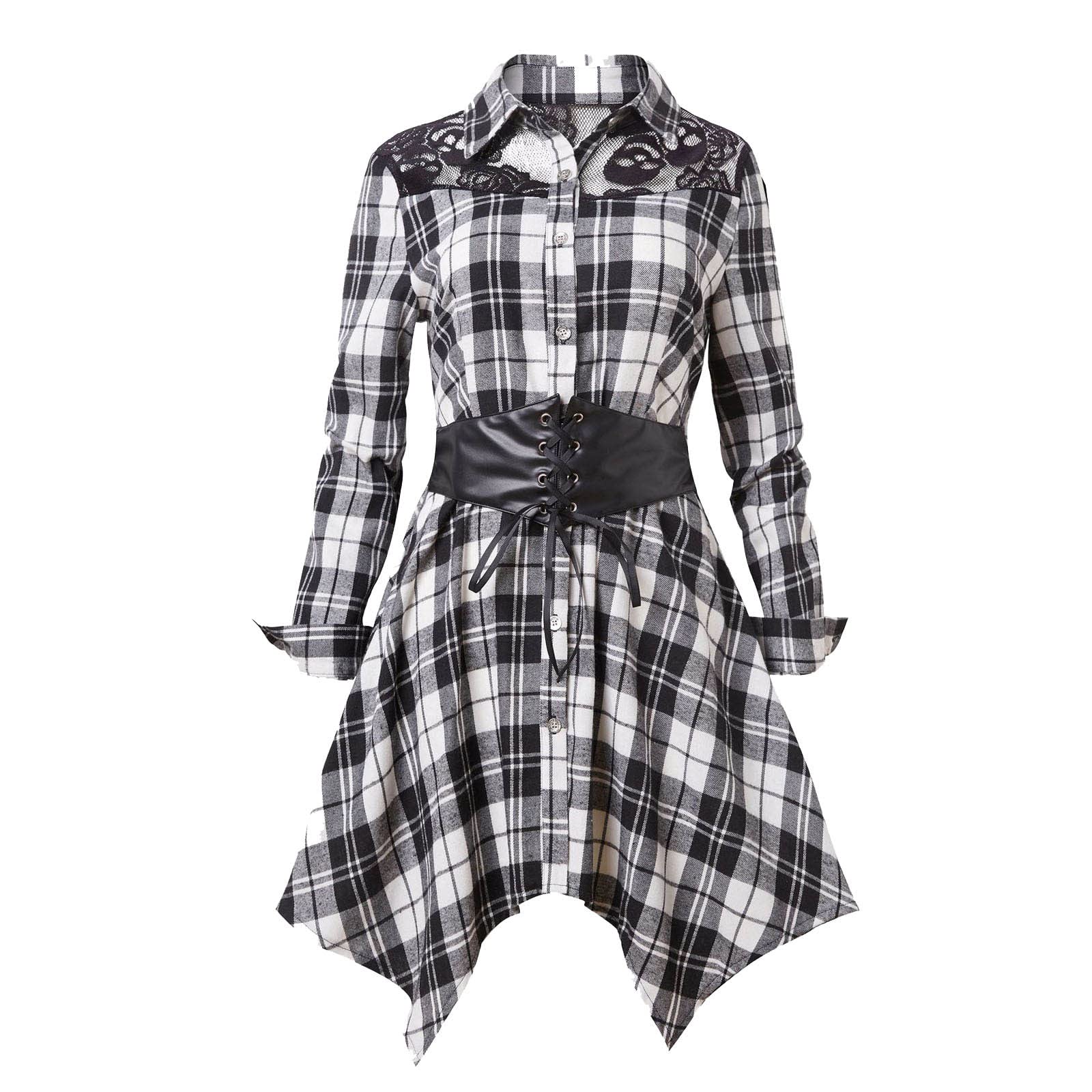 Gothic Punk Vintage Women's Cocktail Dress - Lattice Print Lace-Up Slim Button Down Lapel Long Sleeve Midi Shirt Dress for Party, Night Out & Special Occasions