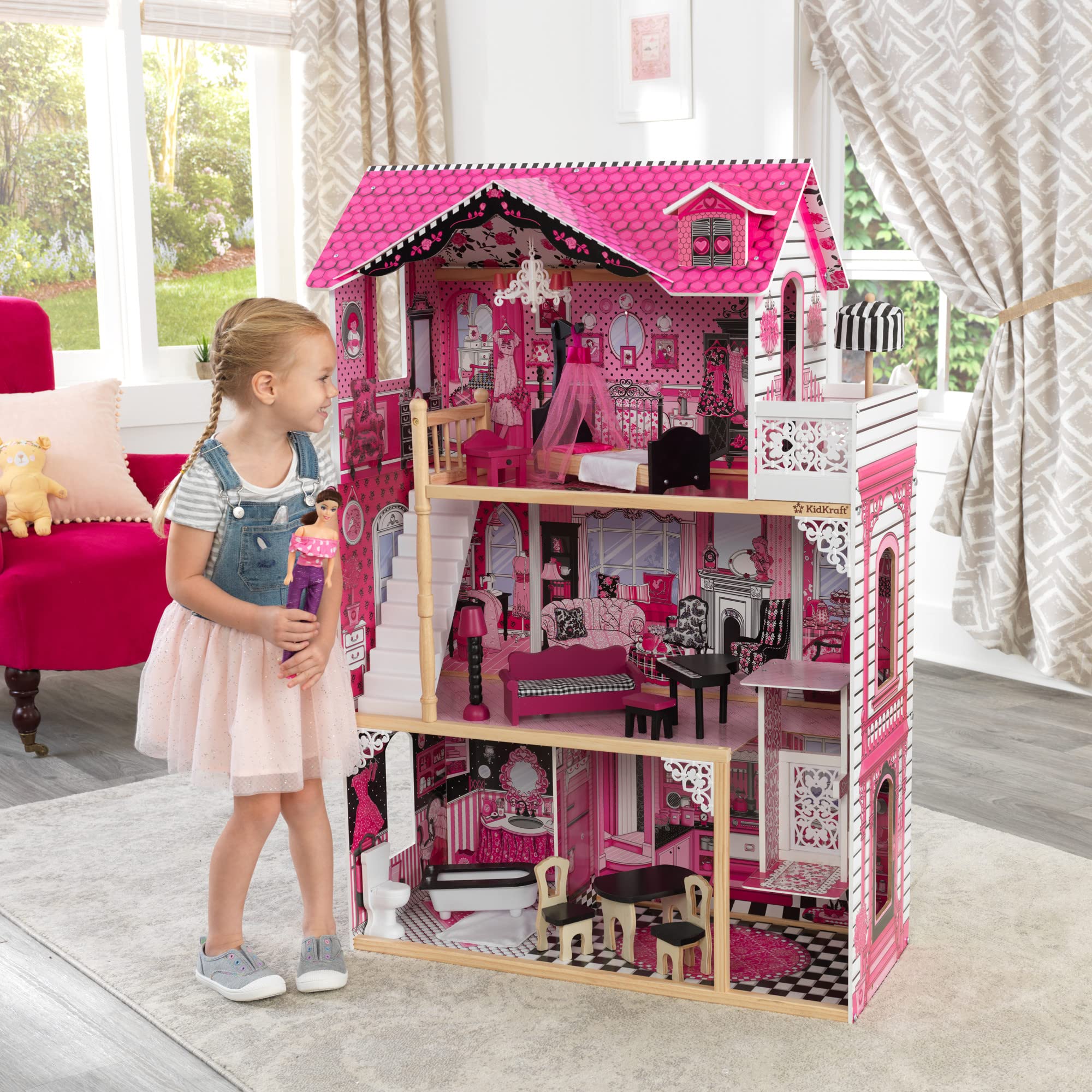 KidKraft Amelia Wooden Dollhouse with Elevator & Balcony - 15-Piece Furniture Accessories Set, Pink Playhouse for Girls Ages 3+ | Perfect for Pretend Play, Birthday Gifts & Nursery Decor